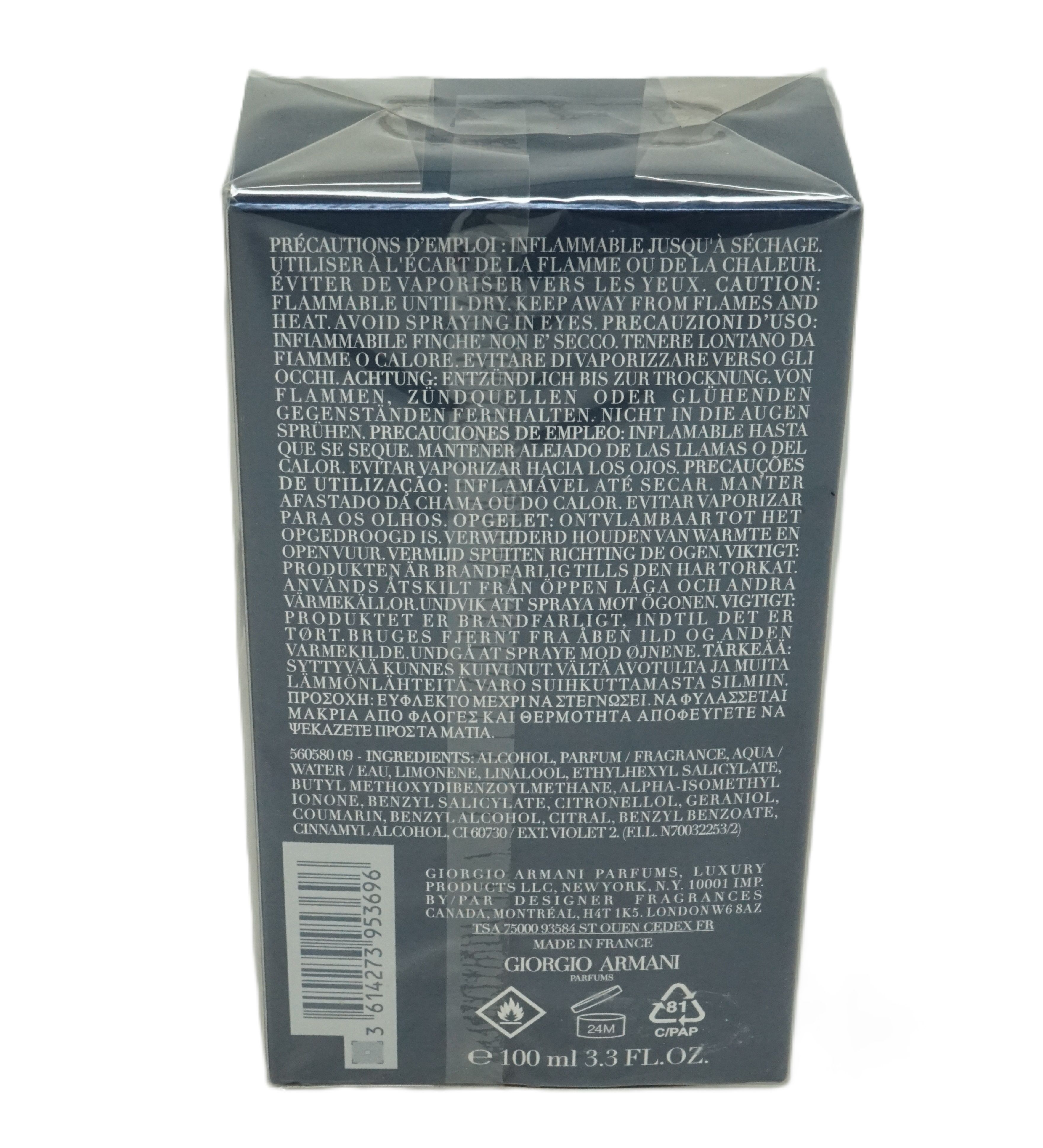 Rückseite der dunkelblauen Verpackung. Text in mehreren Sprachen, Inhaltsstoffe, Giorgio Armani Parfums, 100 ml.