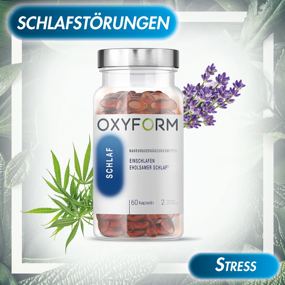 Glasflasche mit Kapseln, OXYFORM, SCHLAF, 60 Kapseln. Lavendel und Hanfblätter im Hintergrund.