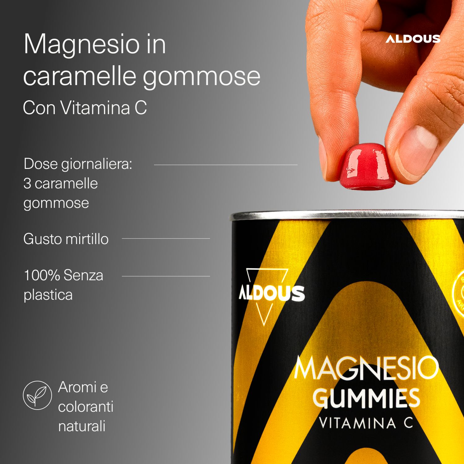 Aldous Magnesio Gummies: Magnesium und Vitamin C in Gummiform. Blaubeergeschmack.