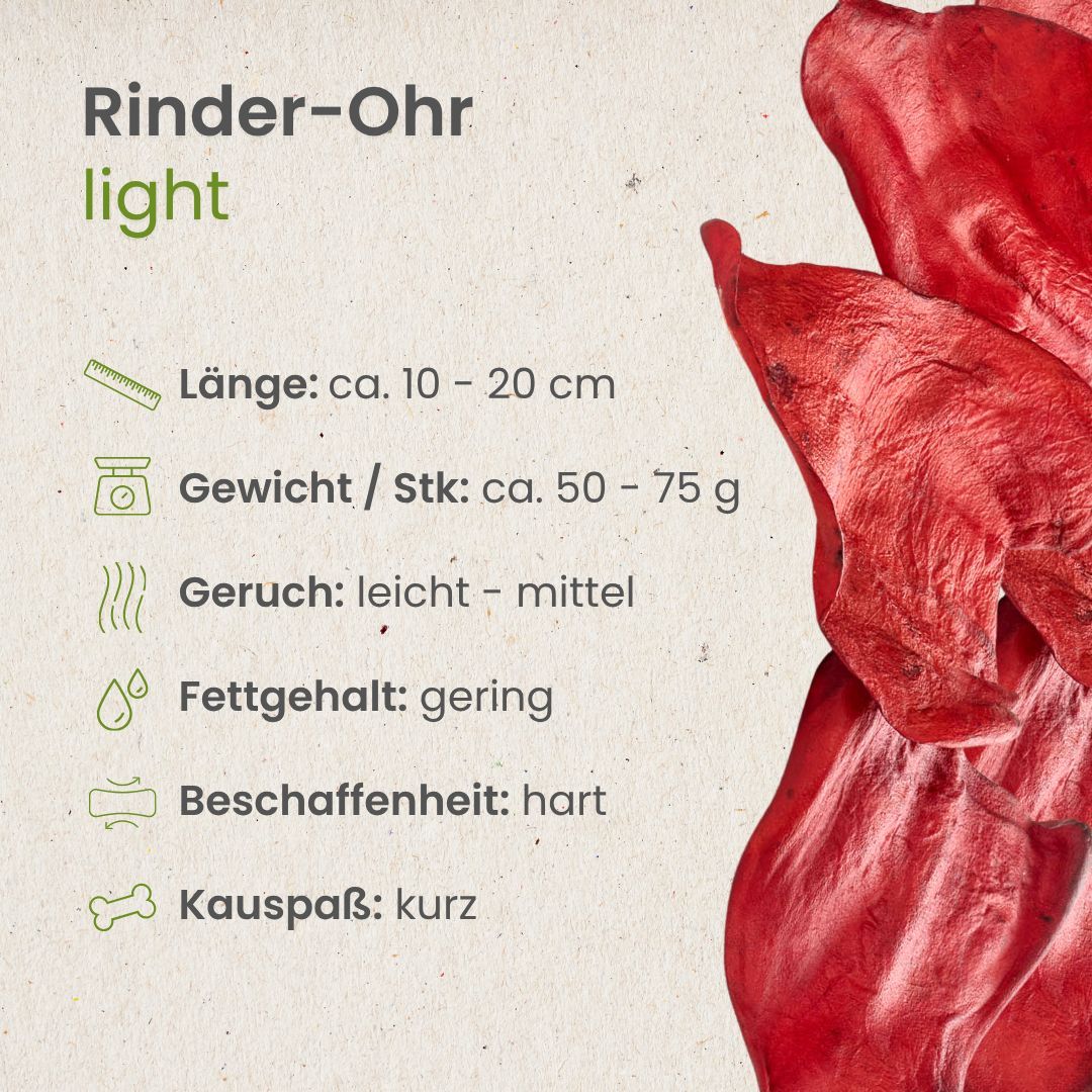 Rinderohr light: Länge ca. 10-20 cm, Gewicht 50-75g, Geruch leicht-mittel, geringer Fettgehalt, hart, kurze Kaudauer.