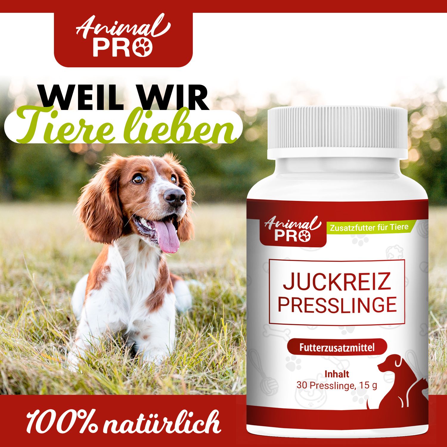 Hund im Gras neben einer Flasche. Aufschrift: Animal Pro, JCKRZ Presslinge, Futterzusatzmittel. Enthält 30 Presslinge, 15 g. Text: 100% natürlich.