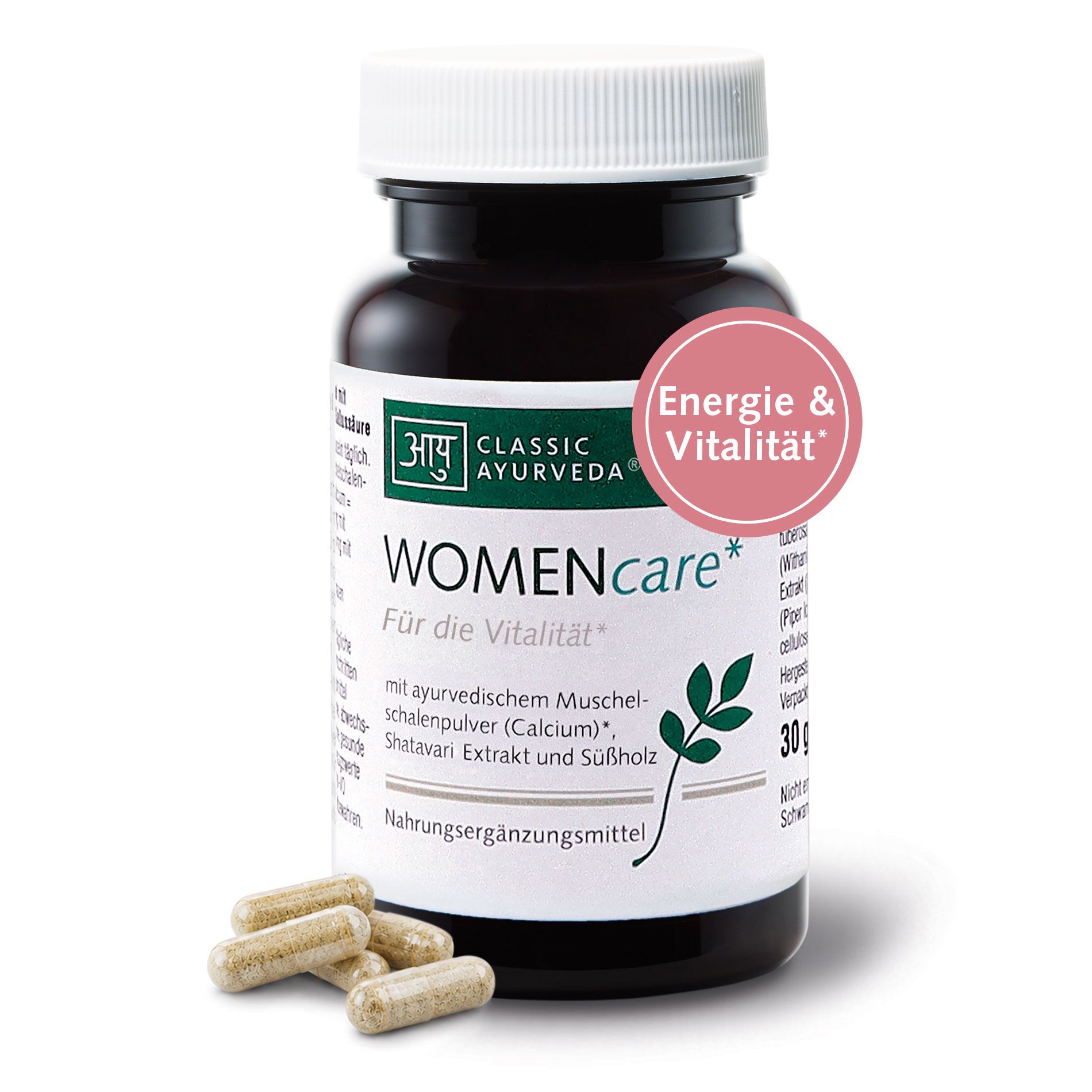 Flasche Classic Ayurveda WOMENcare Nahrungsergänzungsmittel mit Kapseln, Energie & Vitalität.