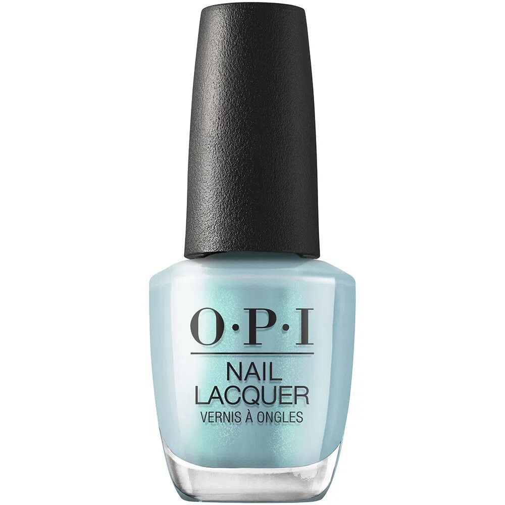 OPI Nail Lacquer Flasche. Hellblauer Nagellack mit schwarzem Deckel. Aufschrift: OPI Nail Lacquer Vernis à Ongles.