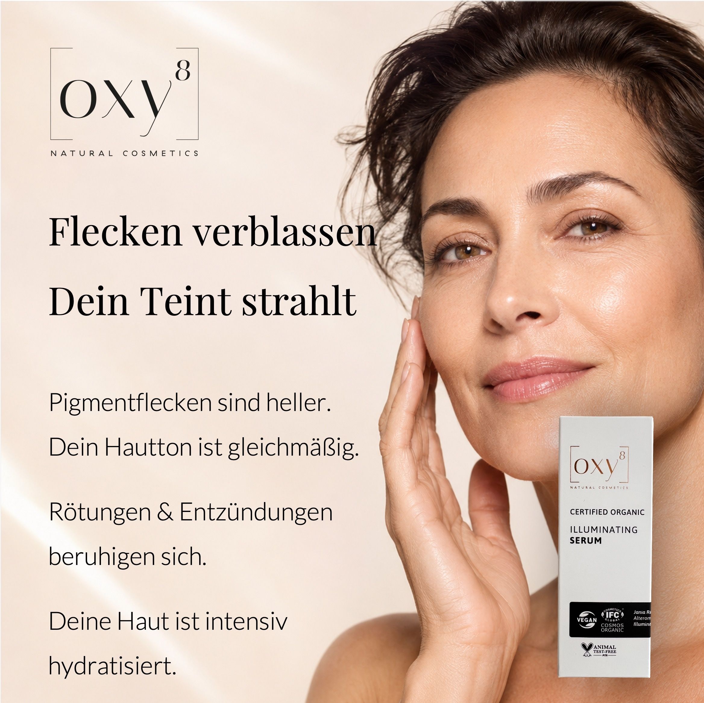 Frau mit glatter Haut, Produktflasche, Text: Flecken verblassen, Teint strahlt