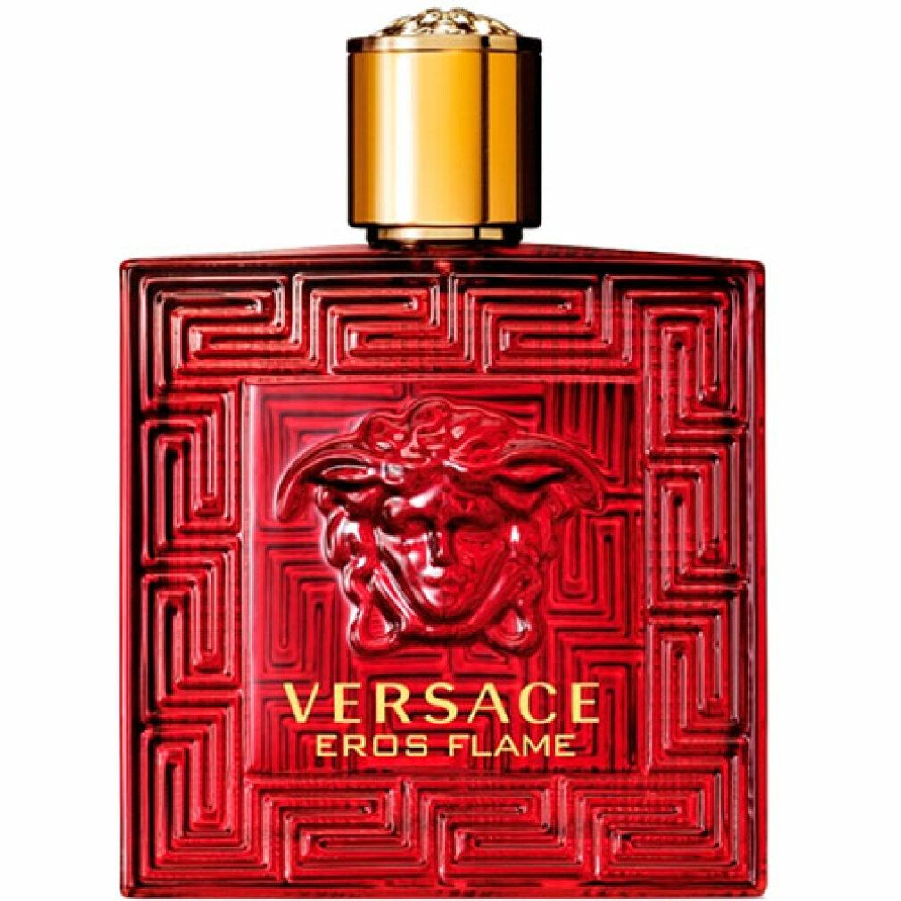 Roter Versace Eros Flame Flakon. Quadratische Form, geprägt. Goldfarbener Verschluss. Logo und Schriftzug.