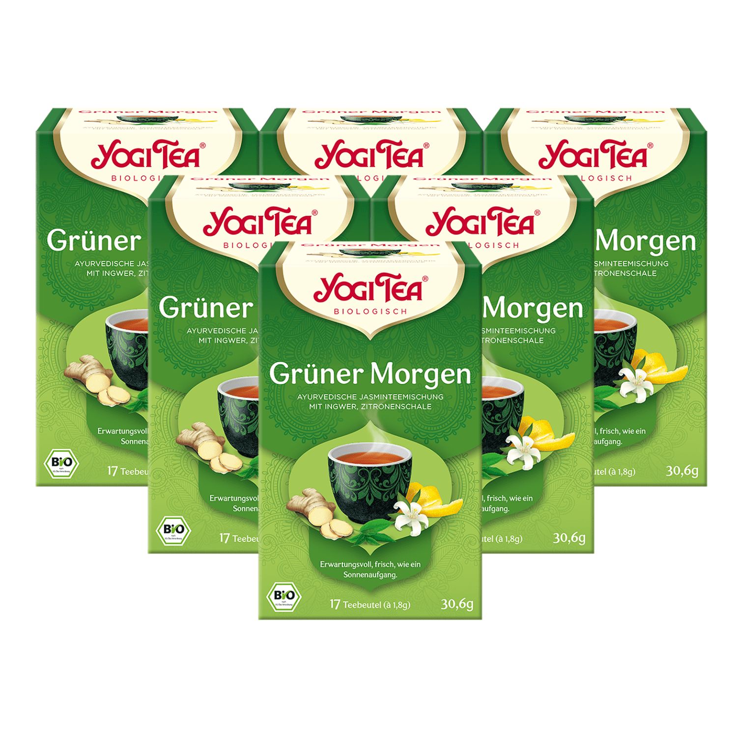 Mehrere grüne Yogi Tea-Schachteln. Auf jeder Schachtel steht "Grüner Morgen" und "Bio".