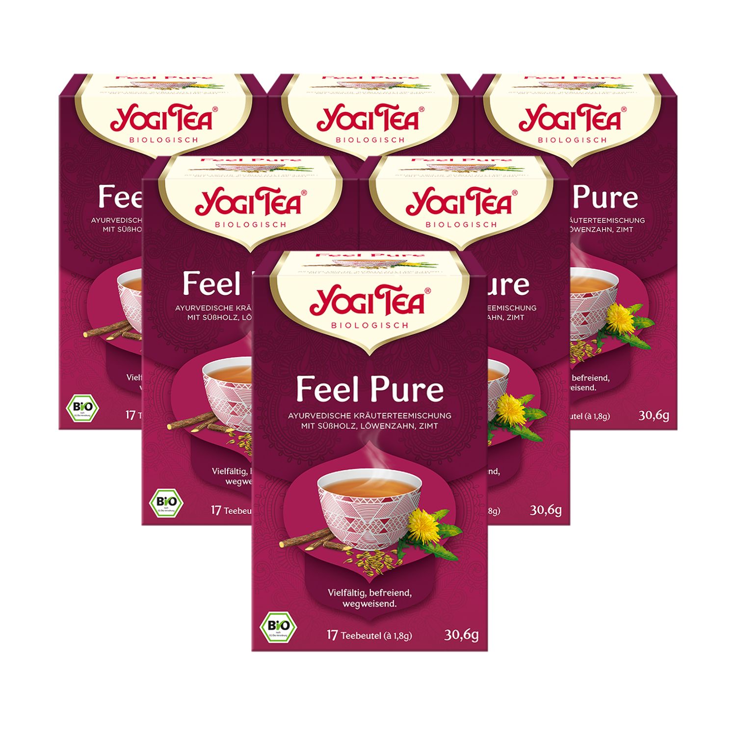 Mehrere Packungen Kräutertee, lila Verpackung mit Logo und Produktbezeichnung. Bio-Siegel. 17 Teebeutel.