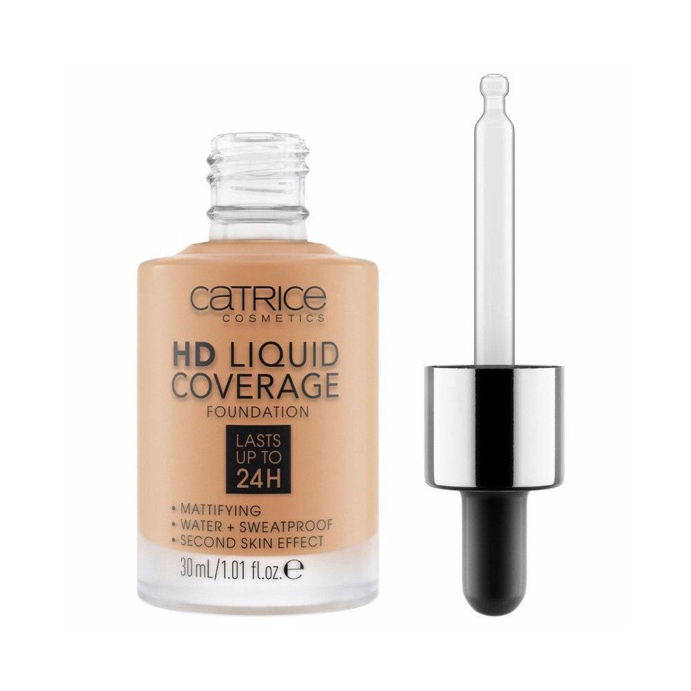 Flüssige Foundation mit HD-Abdeckung. Flasche und Pipette getrennt. Text: Catrice, HD Liquid Coverage Foundation, mattierend, 24h Haltbarkeit, 30ml.