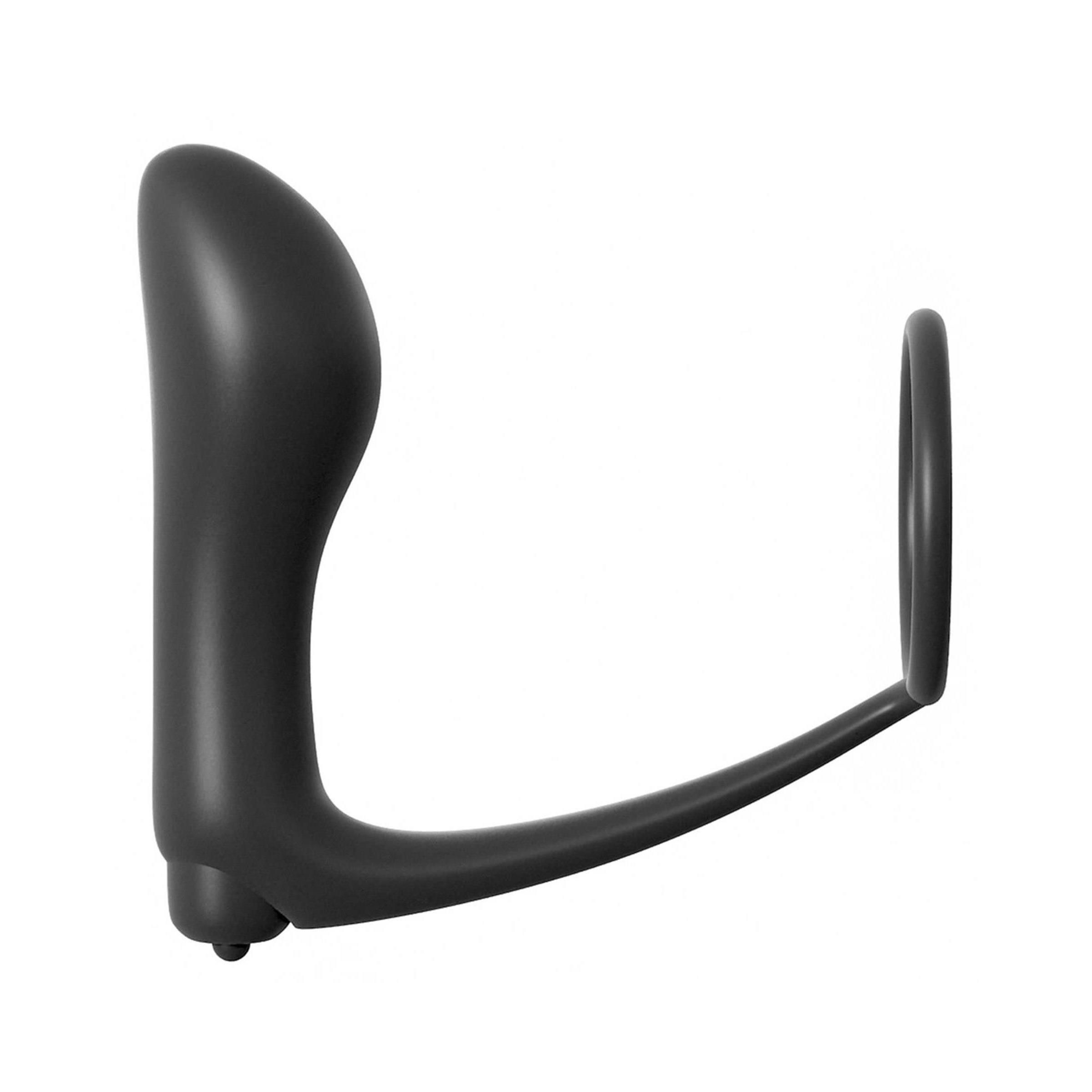 Schwarzer Cockring-Vibrator-Plug. Seitliche Ansicht. Besteht aus einem Ring und einem gebogenen Schaft mit abgerundetem Ende.