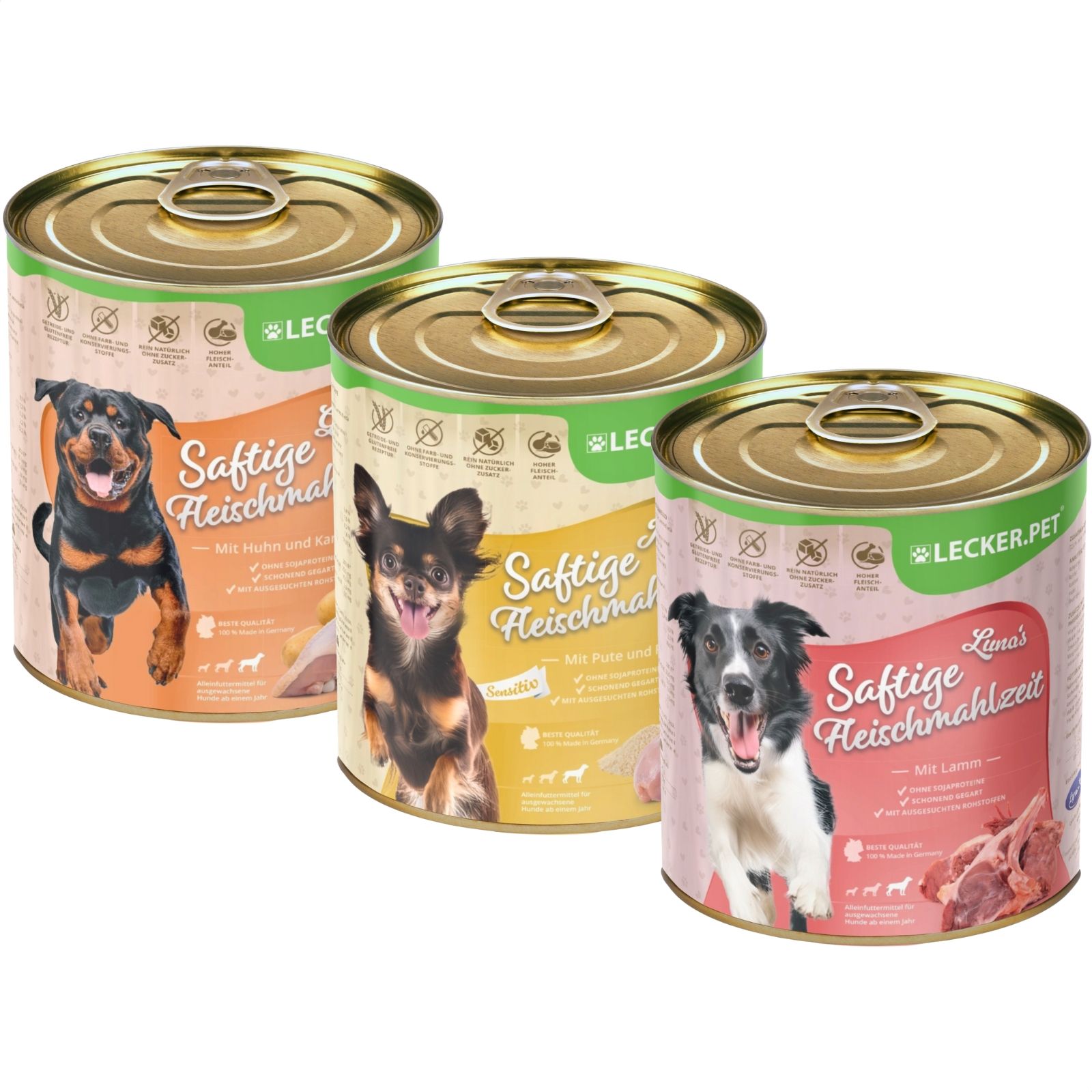 Lecker.Pet®® Gino's, Josie's & Luna's Saftige Fleischmahlzeit Hunde Nassfutter Mix Vollnahrung 14,4 kg Nicht relevant