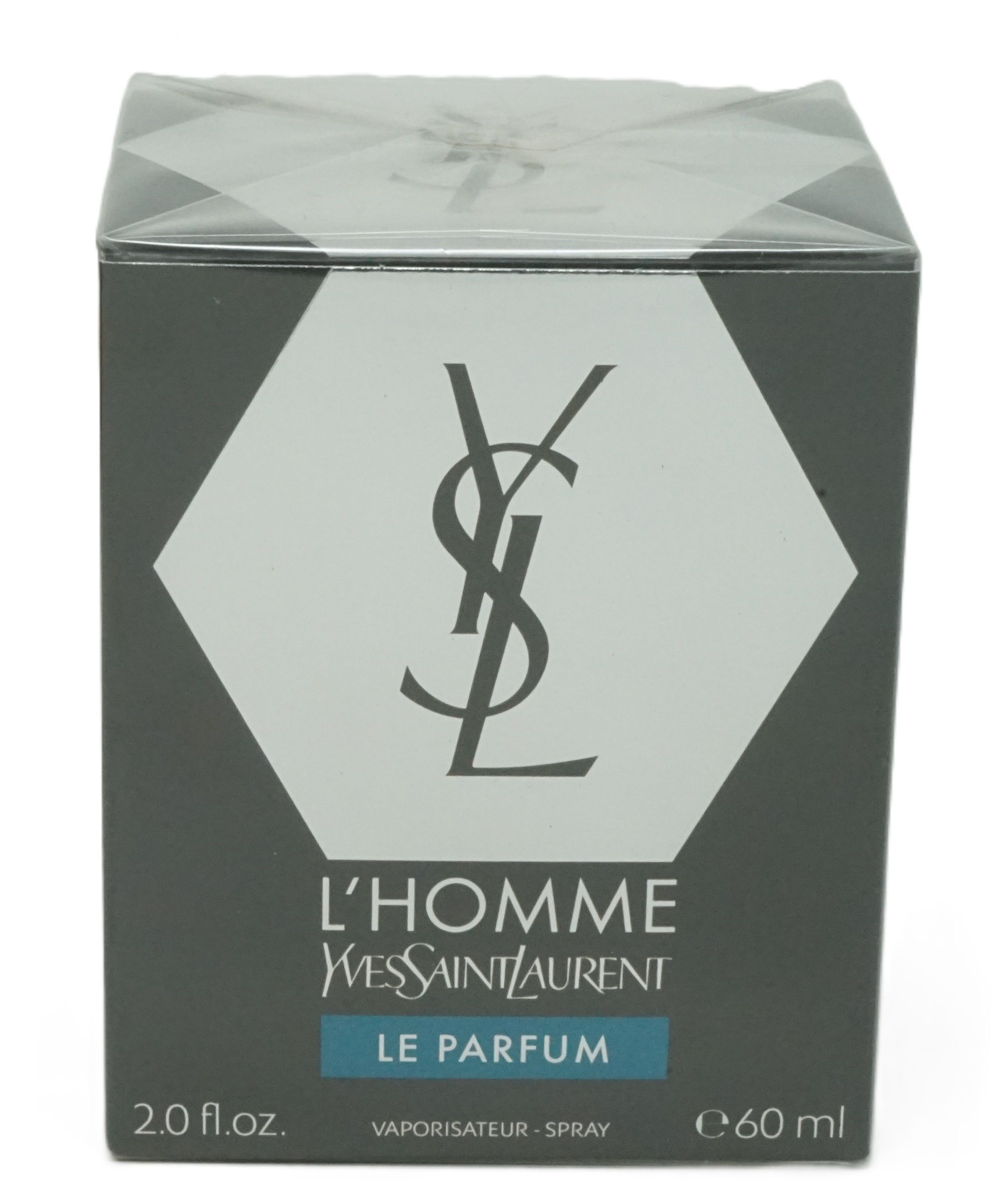 Dunkelgraue Verpackung mit weißem Logo und Text. Enthält "L'HOMME", "YVES SAINT LAURENT", "LE PARFUM" und "60 ml".