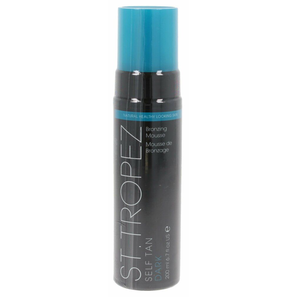 St.Tropez Selbstbräunungs-Mousse, dunkel. Schwarze Flasche mit blauem Deckel. Text: St.Tropez, Self Tan Dark, Bronzing Mousse.