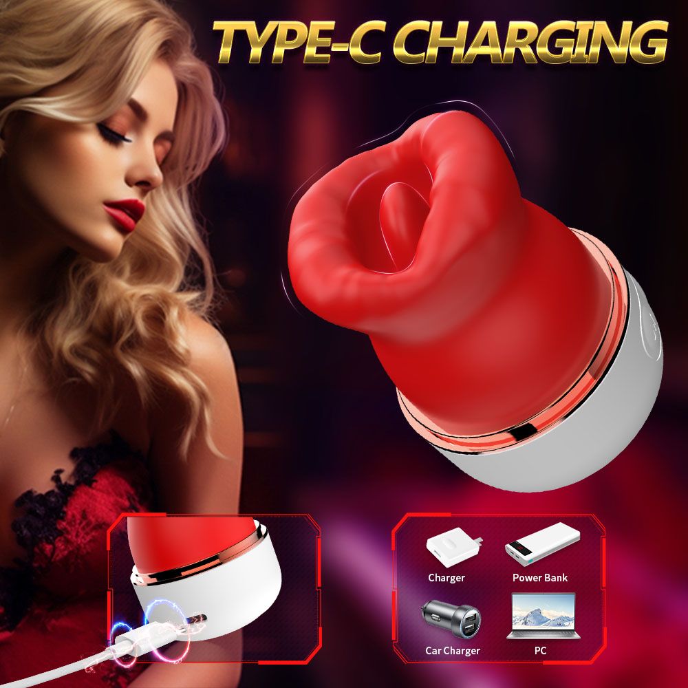 Produkt mit rotem Aufsatz und weißem Sockel. Text: Type-C Charging. Zeigt Ladezubehör.