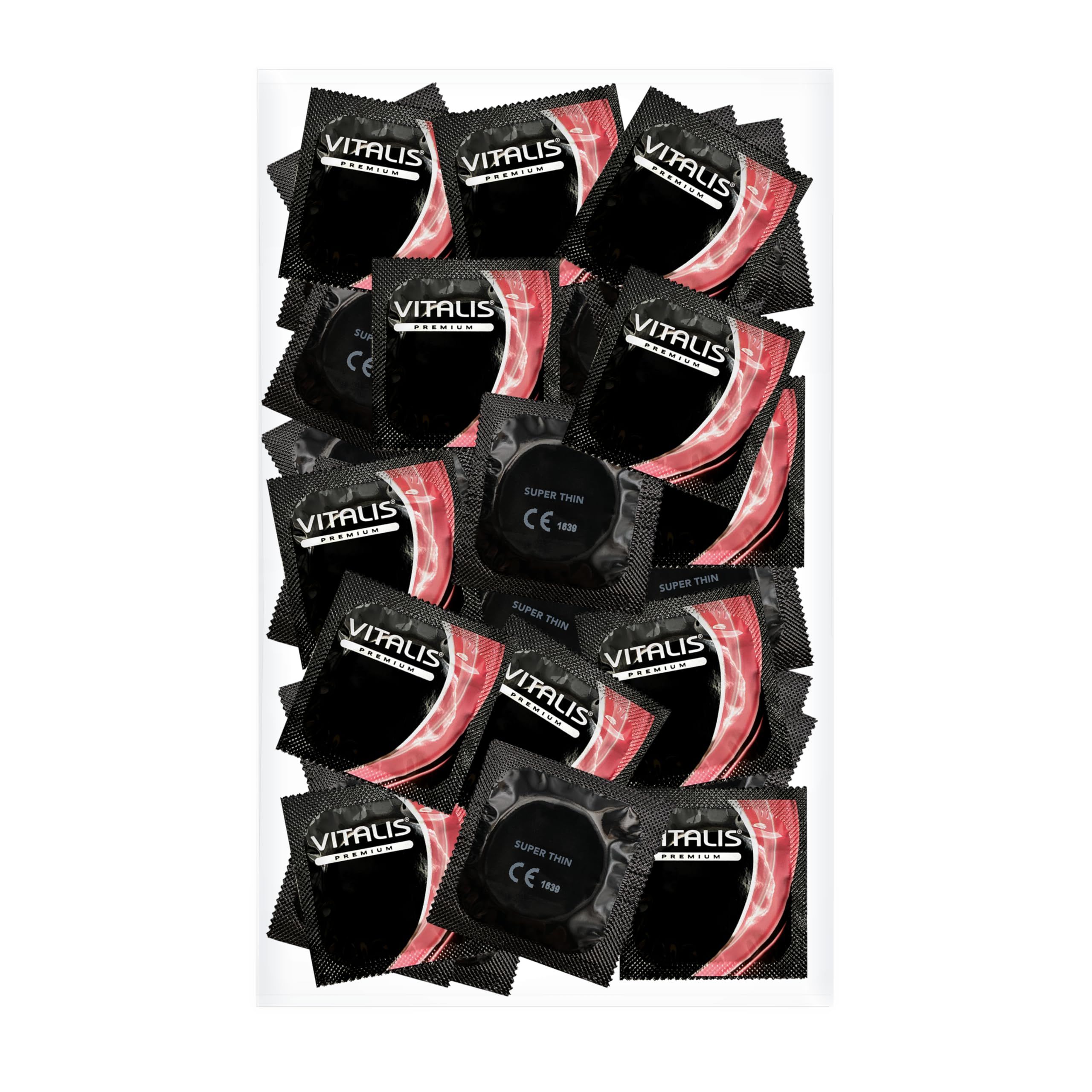 Vitalis PREMIUM Super Thin Kondome, 100 Stück. Einzeln verpackt, transparent, glatt, mit Reservoir.