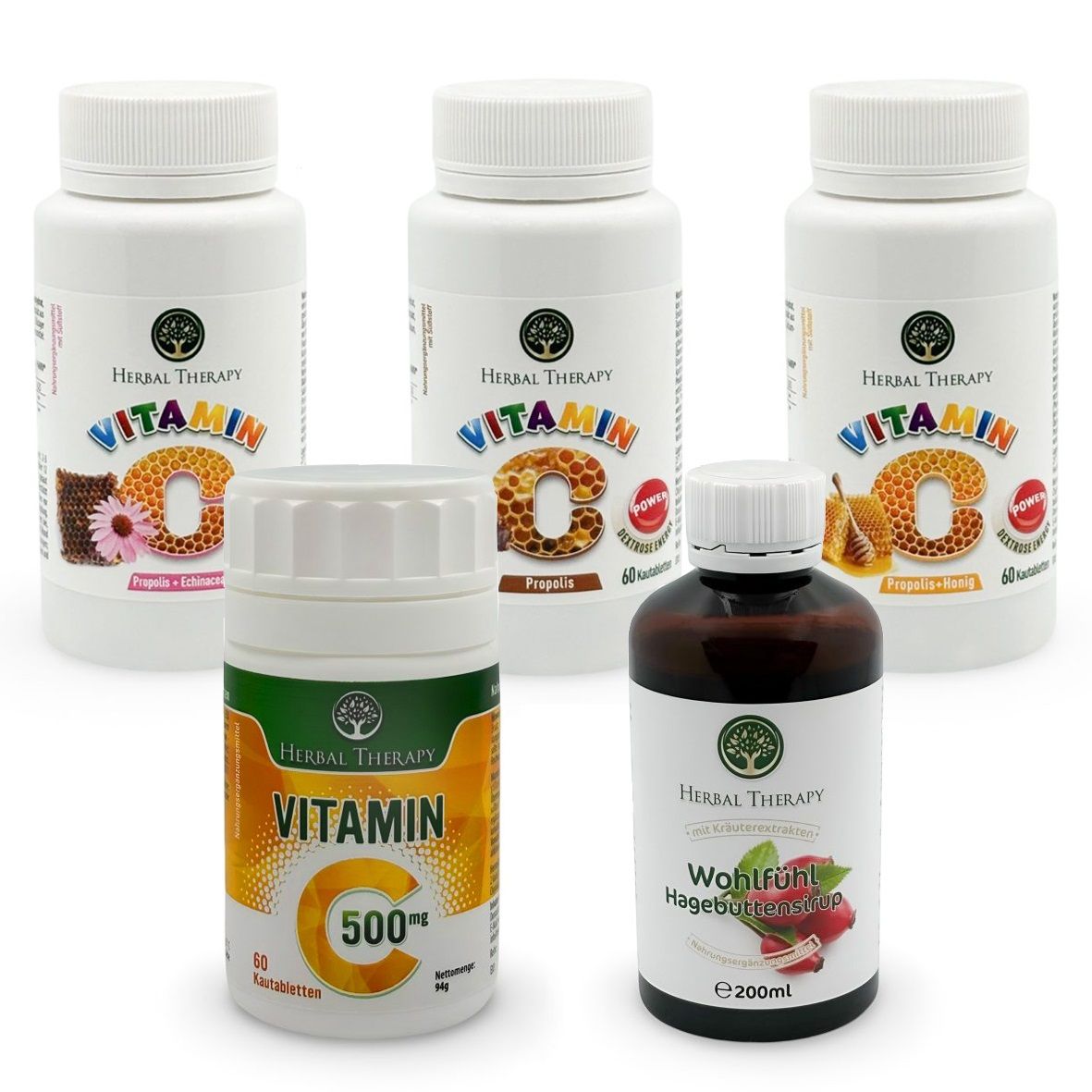 Mehrere Flaschen und Tabletten von Herbal Therapy Vitamin C. Verschiedene Darreichungsformen und Größen, mit Etiketten.
