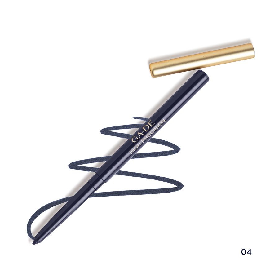Dunkelblauer Eyeliner mit goldener Kappe und Strich. Aufschrift: GA-DE HIGH PRECISION.