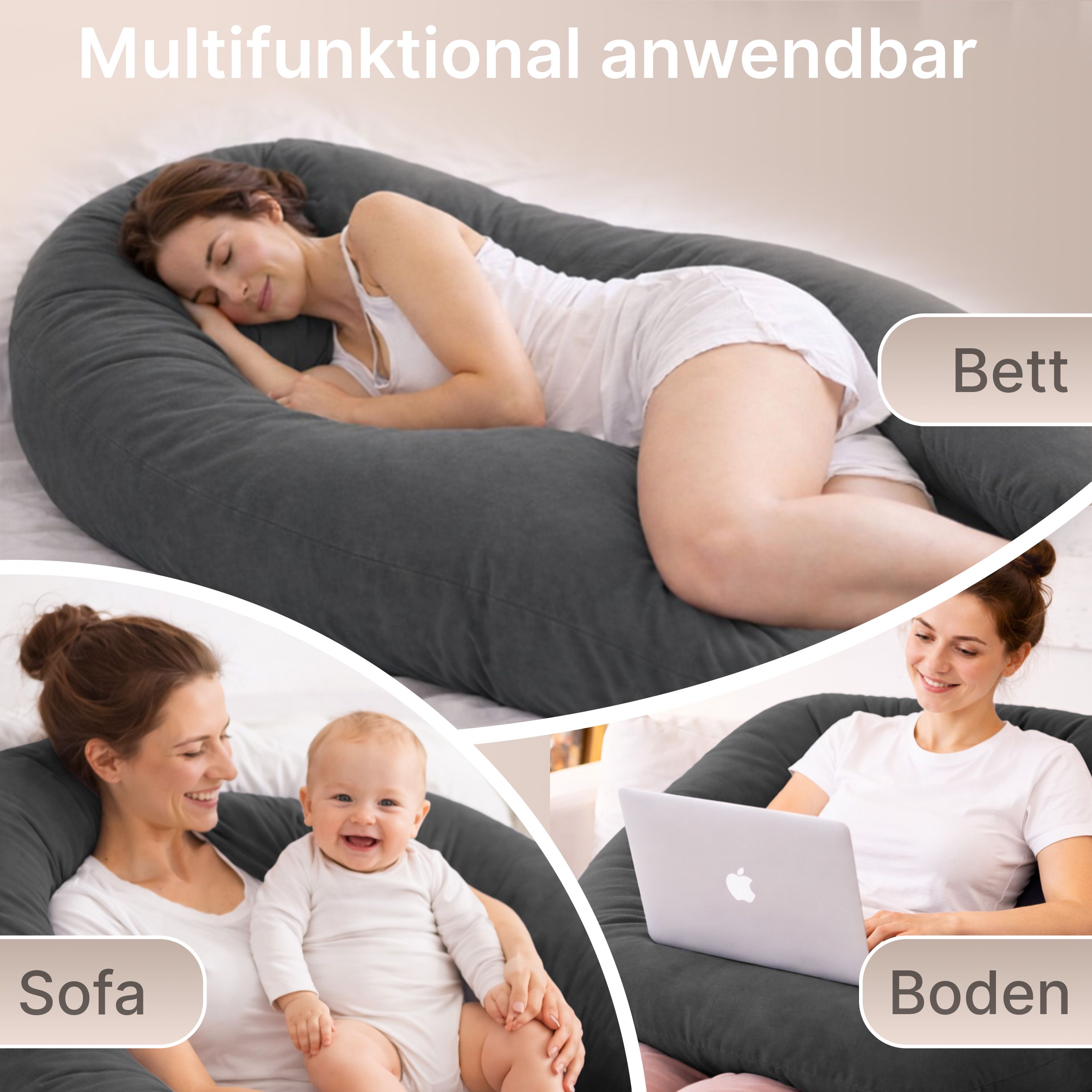 Multifunktions-Körperkissen mit Schlafmaske, Anthrazit