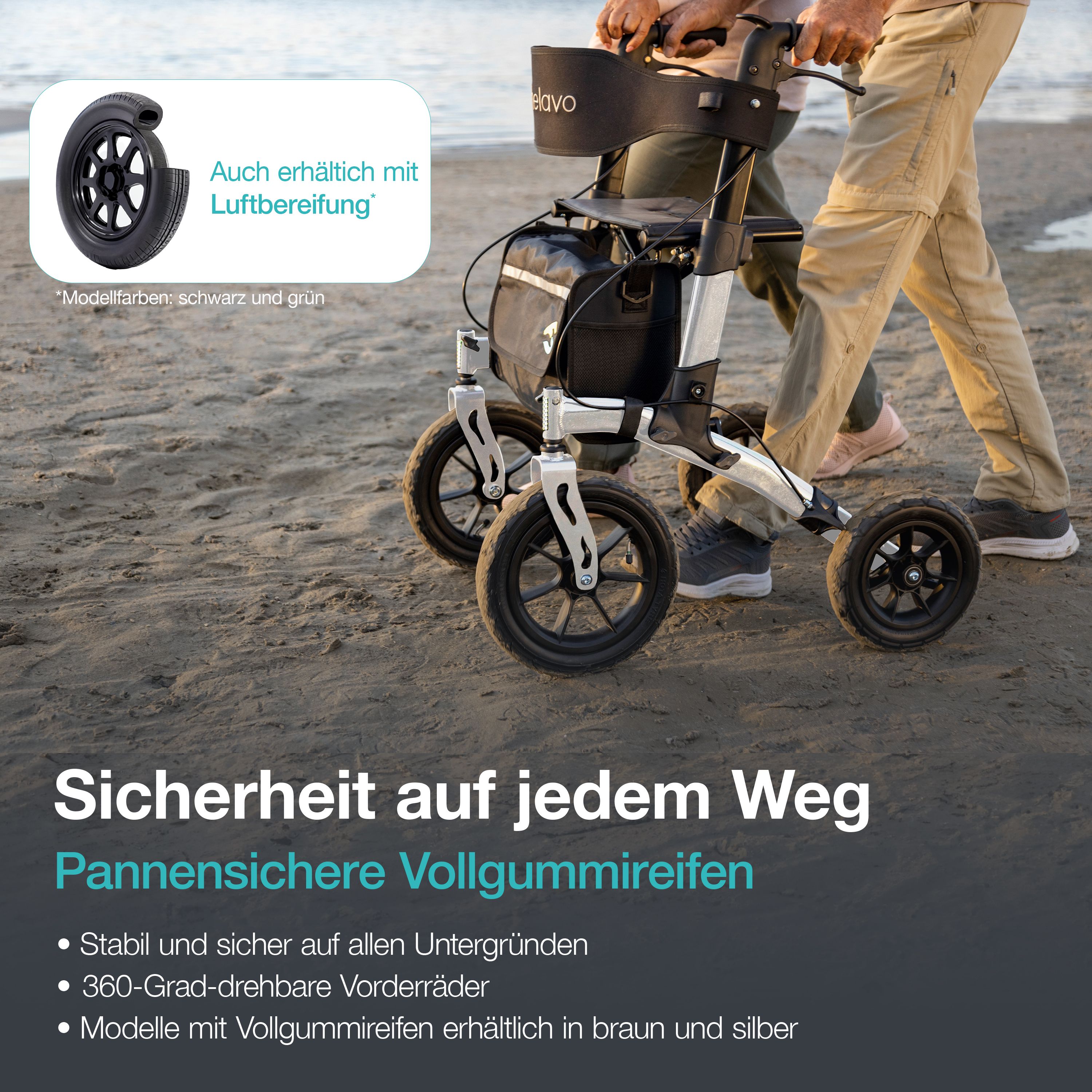 Helavo Outdoor Rollator mit pannensicheren Vollgummireifen faltbar mit Sitz