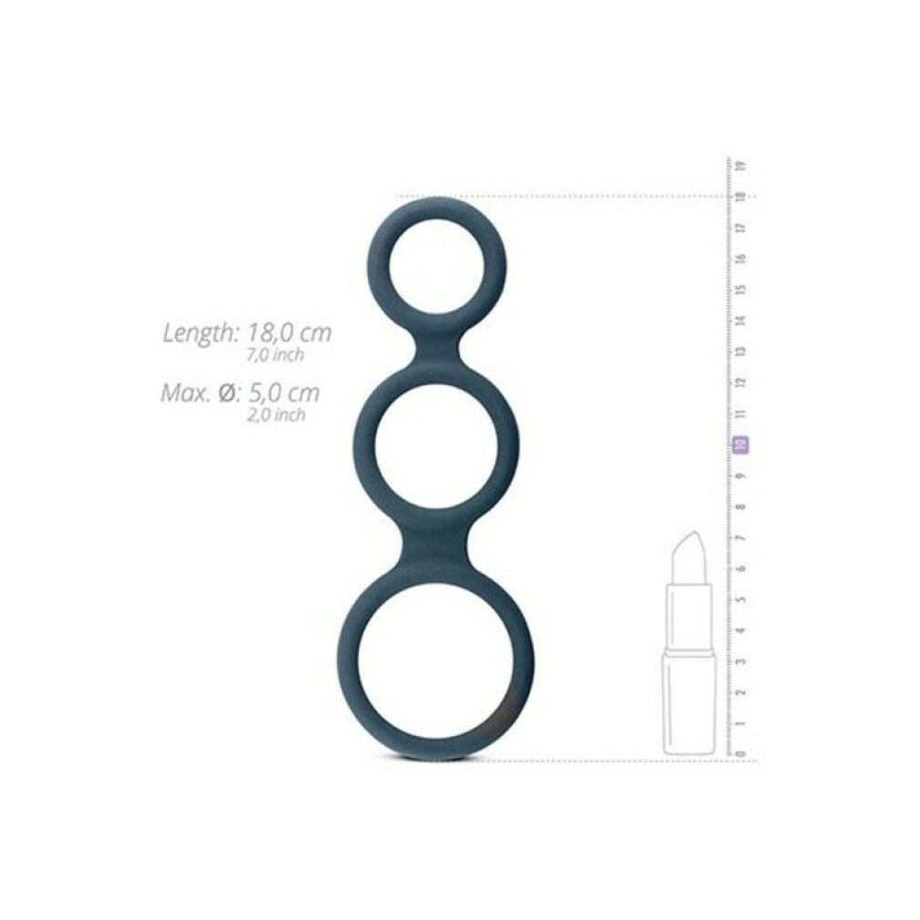 Dunkelgrauer Penisring mit drei Ringen. Längenangabe: 18,0 cm, Durchmesser: 5,0 cm. Maßstab.