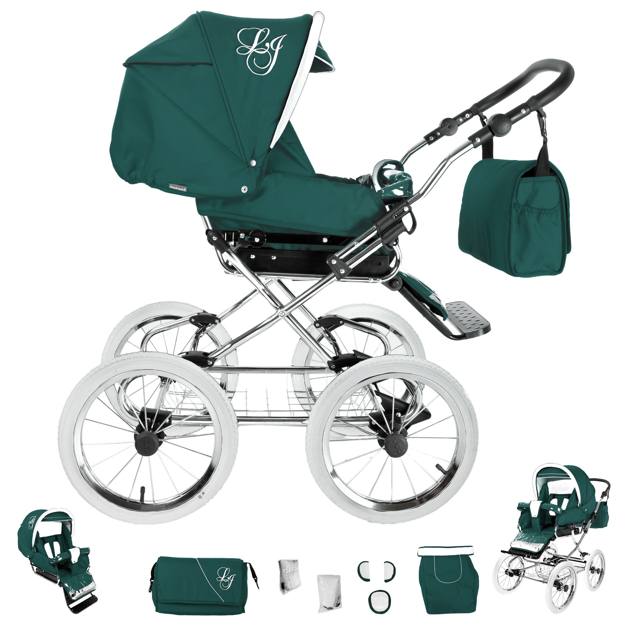 Bebebi Loving 3 in 1 Nostalgie Kinderwagen Set mit Original Maxi Cosi, Green Tender