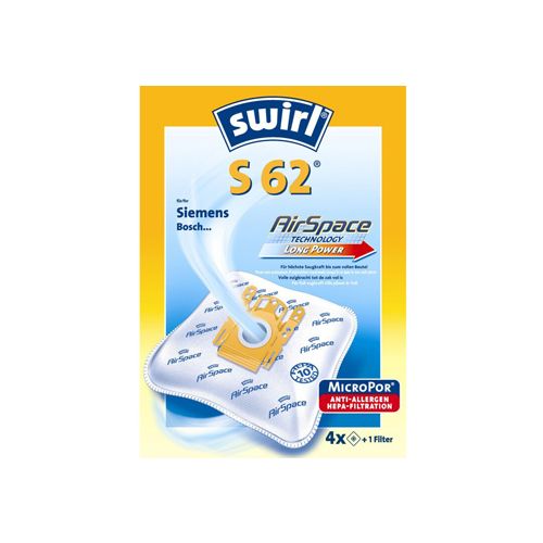 Verpackung mit Staubsaugerbeuteln. Aufschrift: Swirl S 62 AirSpace, MicroPor Anti-Allergen HEPA-Filtration. Enthält 4 Beutel + 1 Filter.