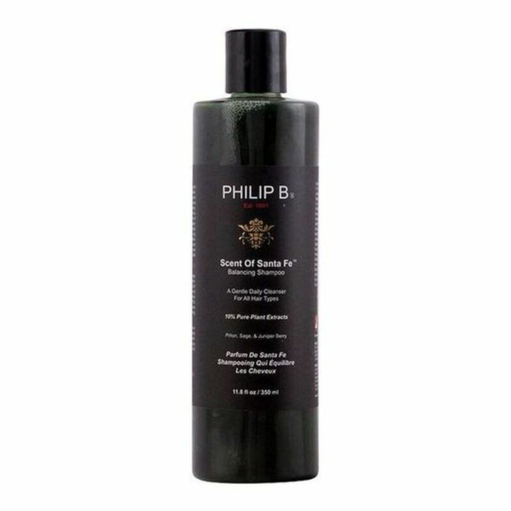 Dunkelgrüne Shampoo-Flasche mit schwarzem Deckel. Aufschrift: Philip B. Scent of Santa Fe Balancing Shampoo. 11.8 fl oz / 350 ml.