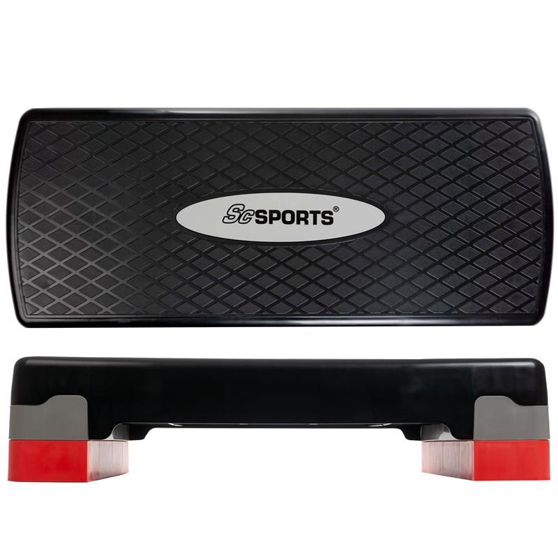 Schwarzer Stepper mit grauem und rotem Akzent. ScSPORTS® Logo auf der Oberfläche. Draufsicht.