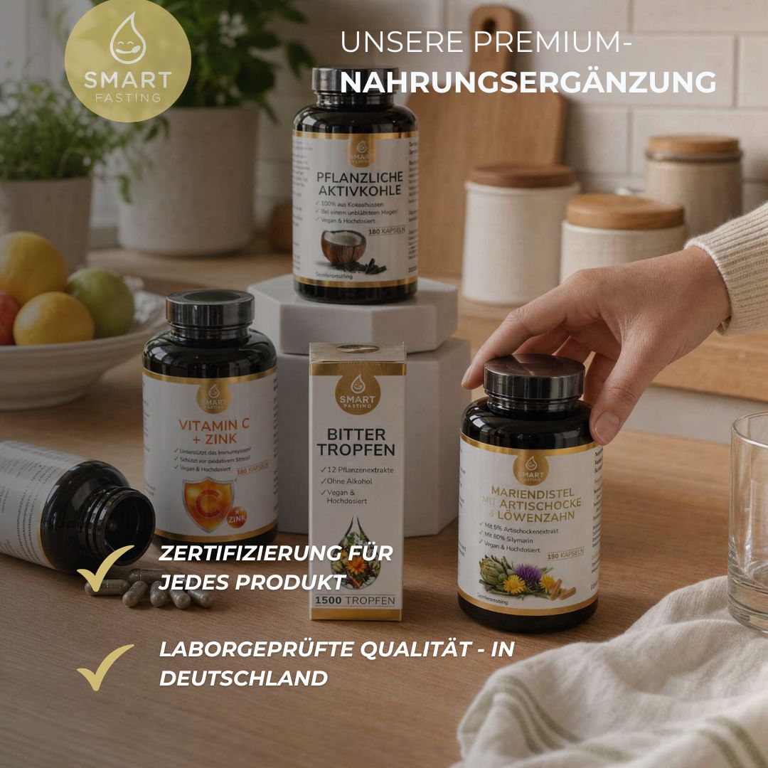 Mehrere Smart Fasting Produkte, darunter B-Komplex, Vitamin C + Zink, Bitter Tropfen.