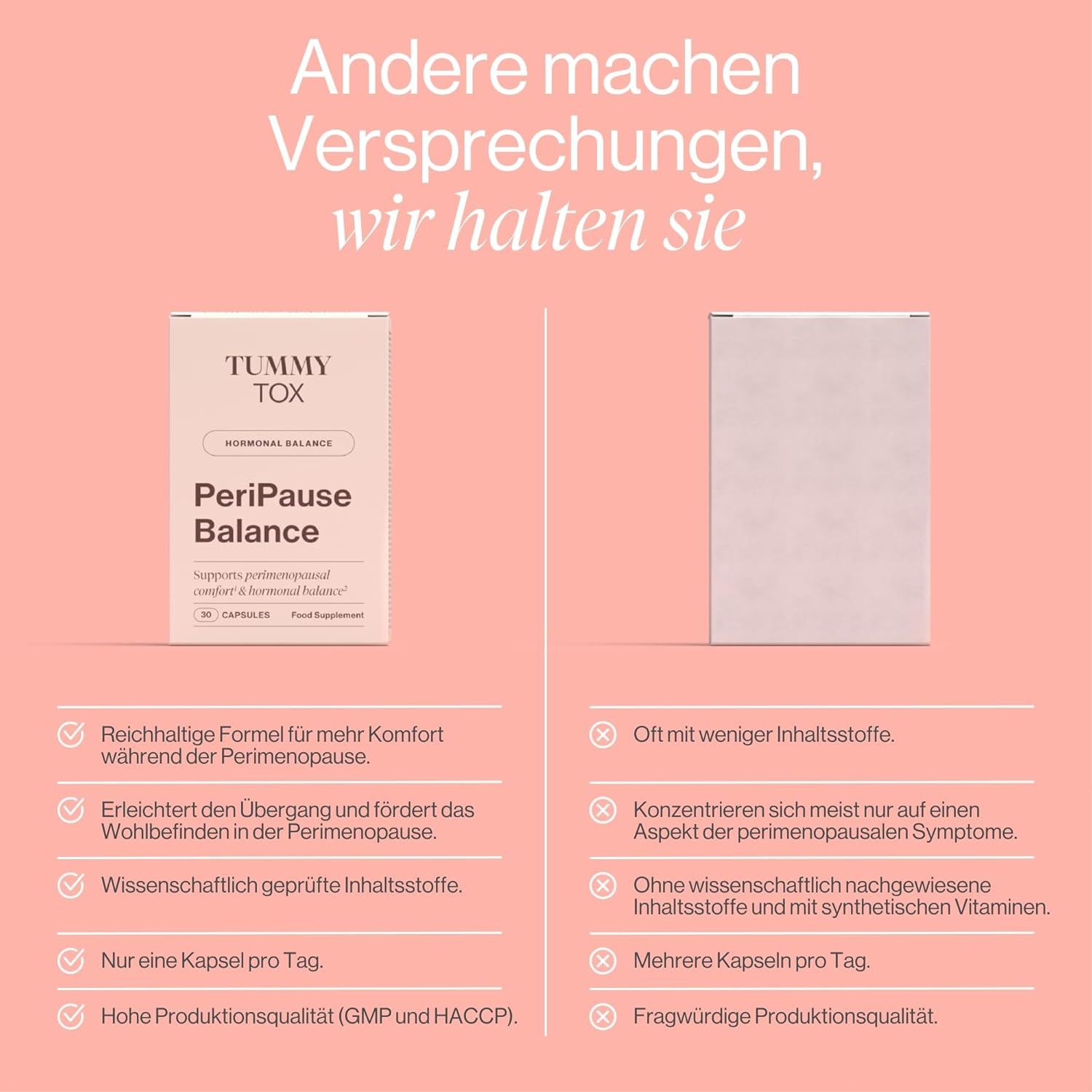 Zwei Packungen "Tummy Tox PeriPause Balance". Text: Andere machen Versprechungen, wir halten sie. Vergleich von Inhaltsstoffen.