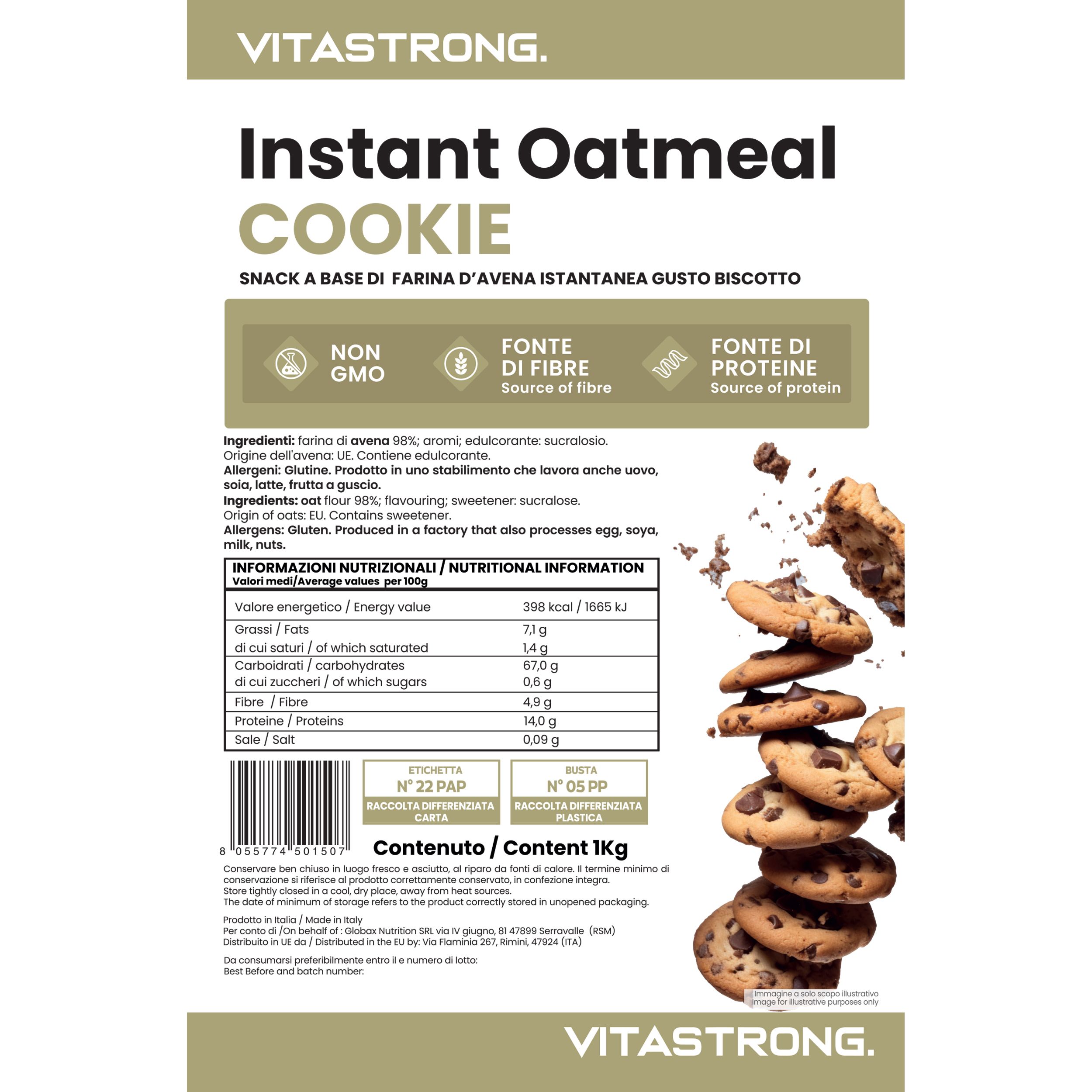 Vitastrong Instant Oatmeal Cookie. Verpackung mit Produktinformationen und Nährwerttabelle. Abgebildet sind Kekse.