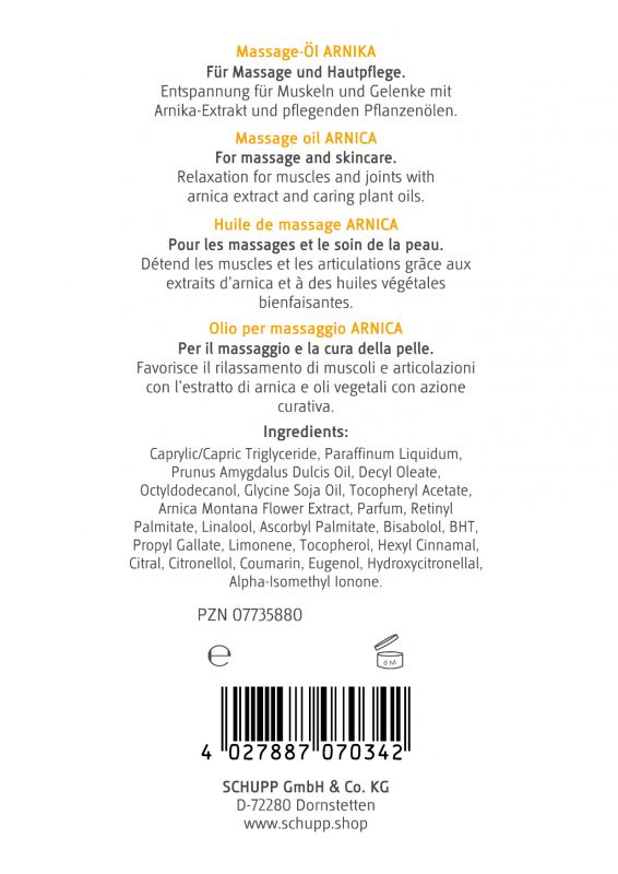 Rückseite der Flasche. Text: Massage-Öl Arnika. Inhaltsstoffe. Barcode. SCHUPP GmbH & Co. KG.
