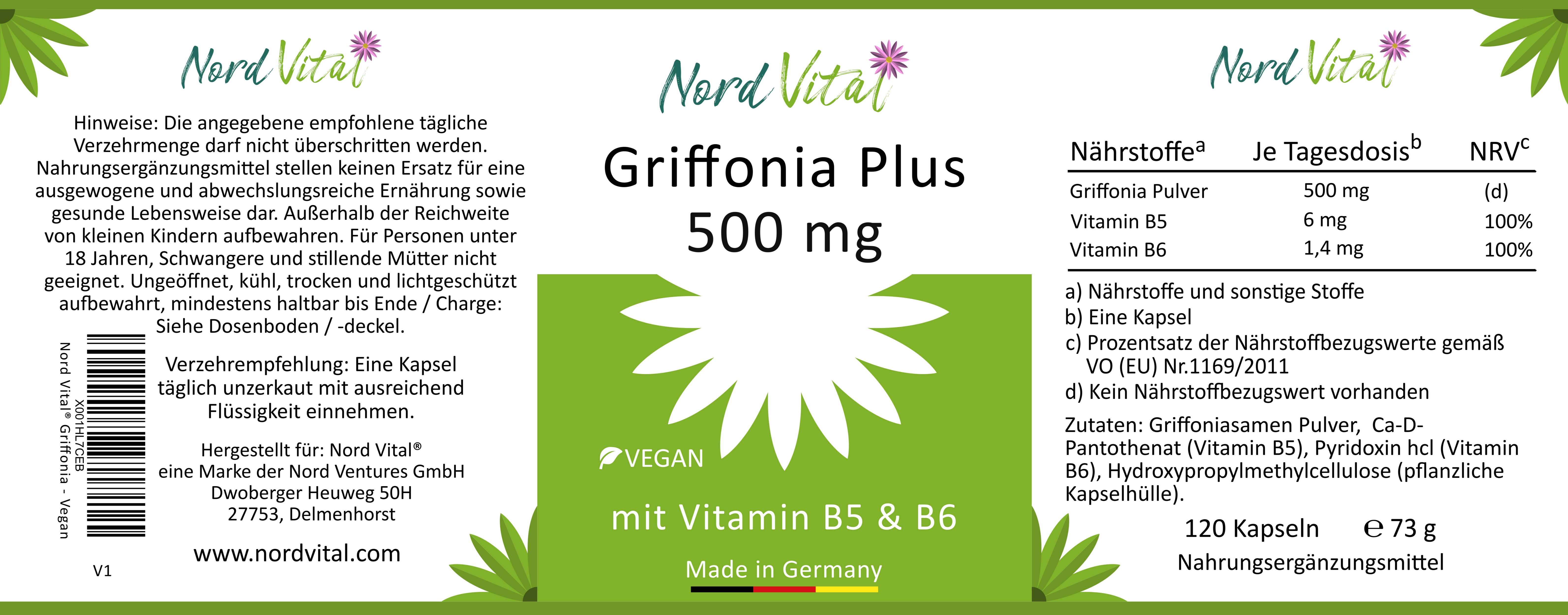 Nord Vital Griffonia Plus - 500 mg Griffoniasamen mit natürlichem 5-HTP - Vitamine B5 und B6 - Vegan
