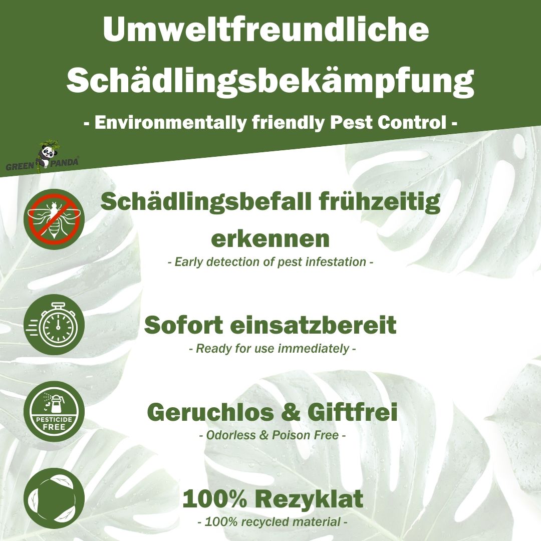 Grafik mit Text: Umweltfreundliche Schädlingsbekämpfung. Text: Schädlingsbefall erkennen, sofort einsatzbereit, geruchlos & giftfrei, 100% Rezyklat. Green Panda Logo.