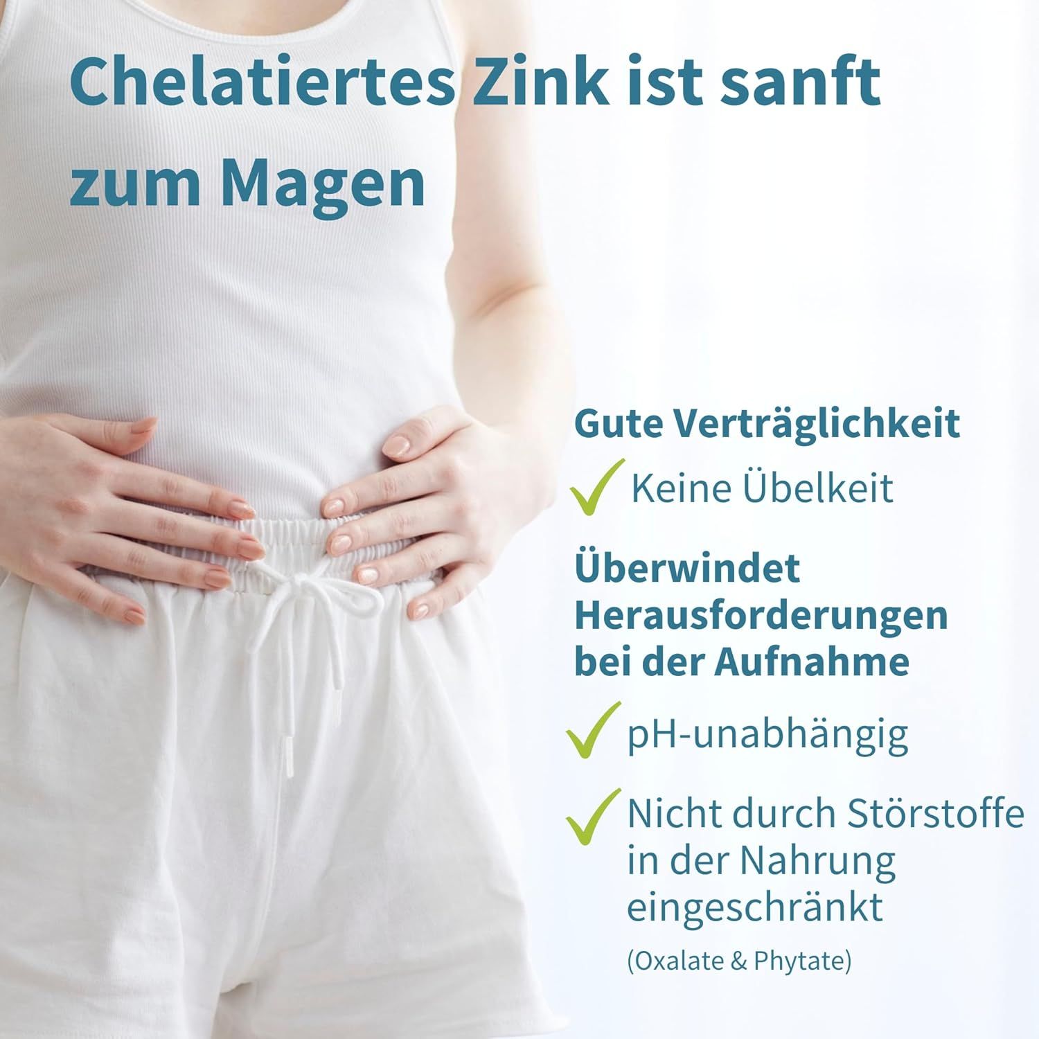 Text über chelatisiertes Zink. Vorteile: gute Verträglichkeit, keine Übelkeit, pH-unabhängig. Frau im weißen Top.