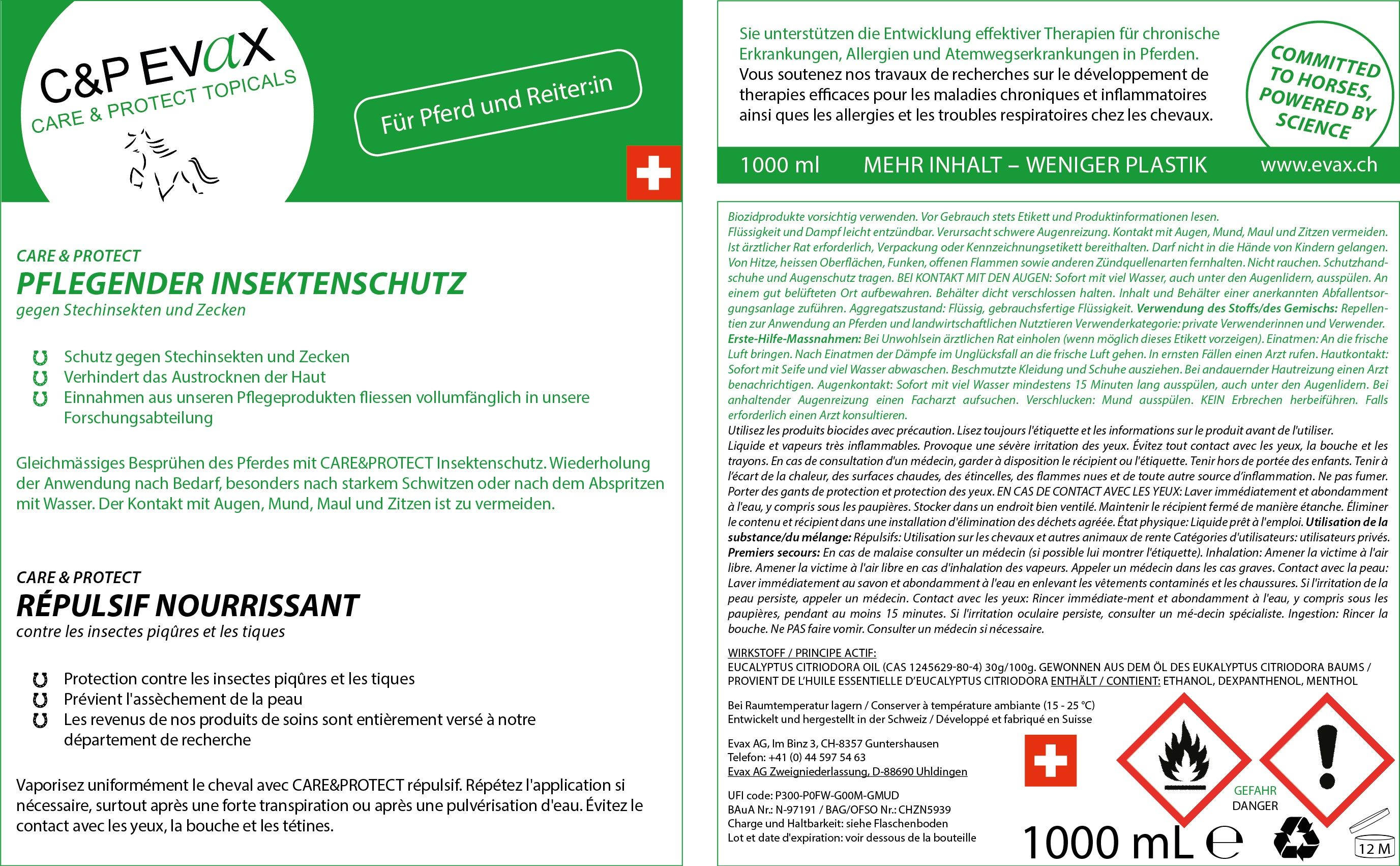 Grünes Etikett mit Text: C&P EVAX, pflegender Insektenschutz. Text und Logos. 1000 ml.