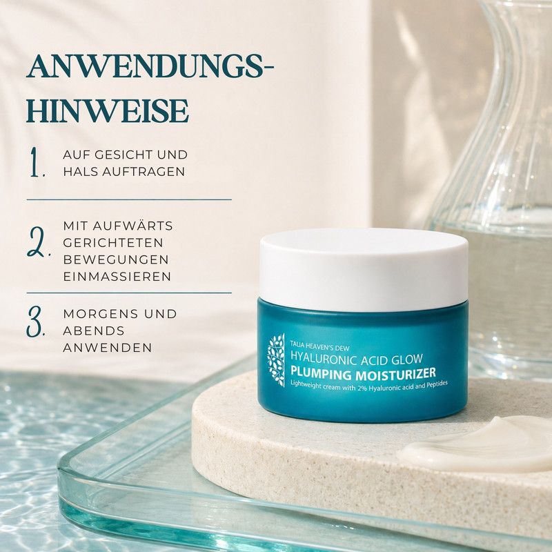 Ein blauer Tiegel mit der Aufschrift 'Hyaluronic Acid Glow Plumping Moisturizer'.