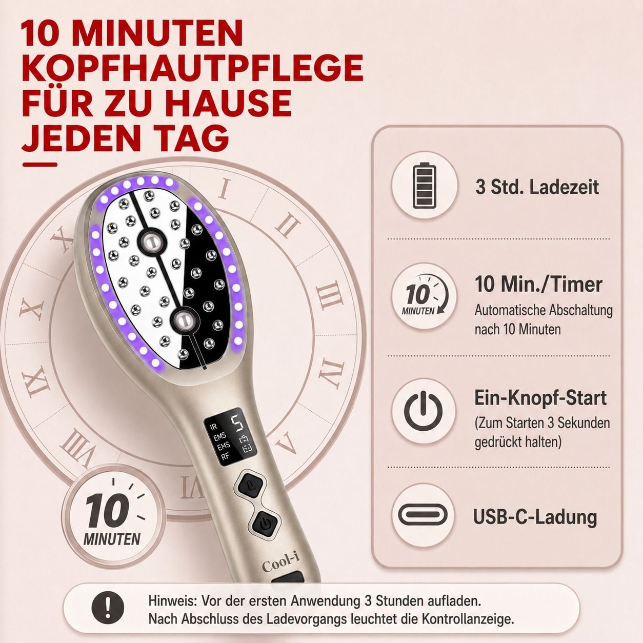 10 Minuten tägliche Kopfhautpflege mit Timer und USB-C-Ladung.