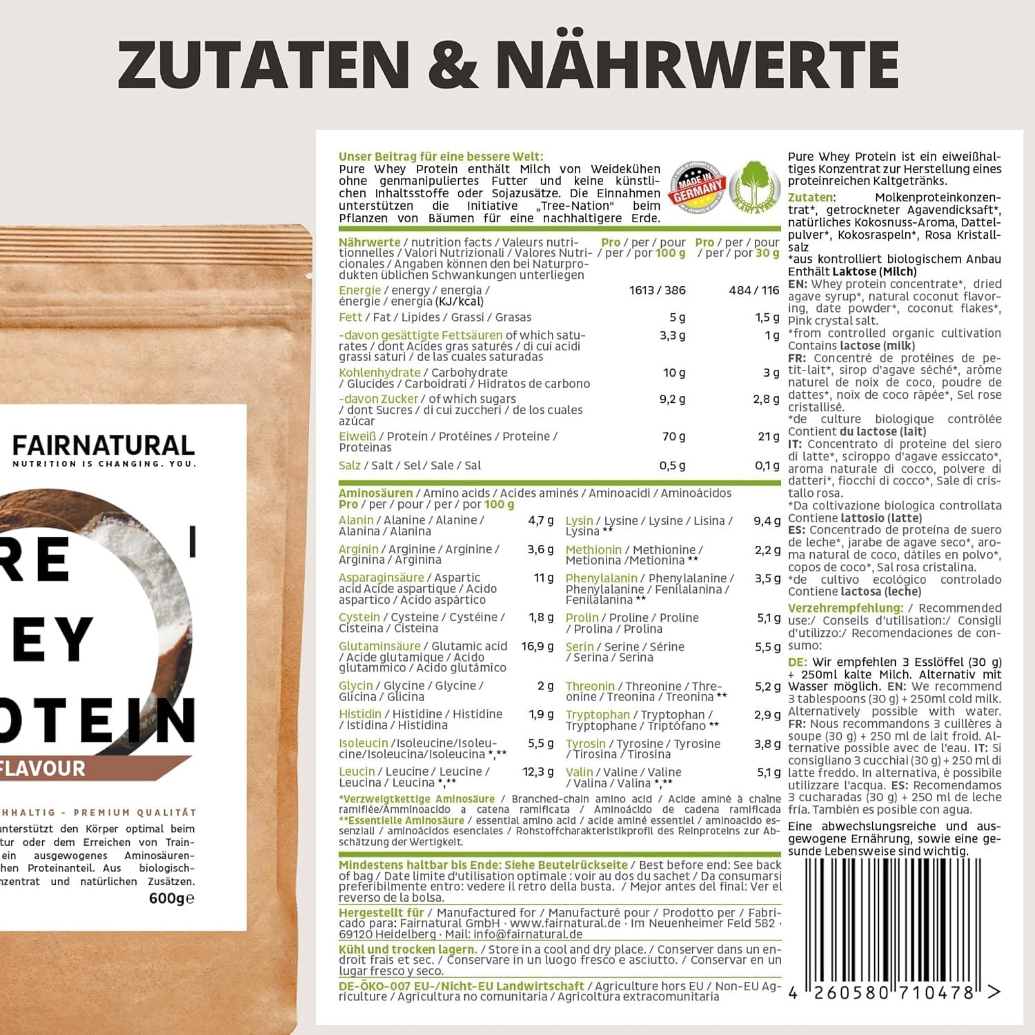 Nährwerttabelle und Zutatenliste von FAIRNATURAL Bio Whey Protein. Enthält Informationen zu Nährwerten, Zutaten und empfohlener Verwendung.