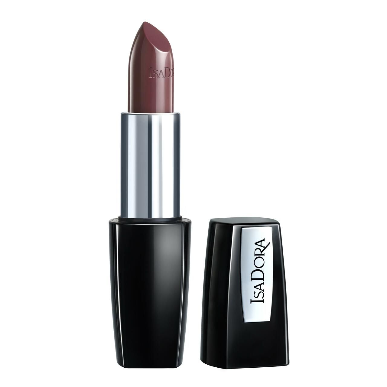 IsaDora Perfect Moisture Lipstick, geöffnet. Schwarzer Behälter, silberne Hülse, rosafarbener Lippenstift.