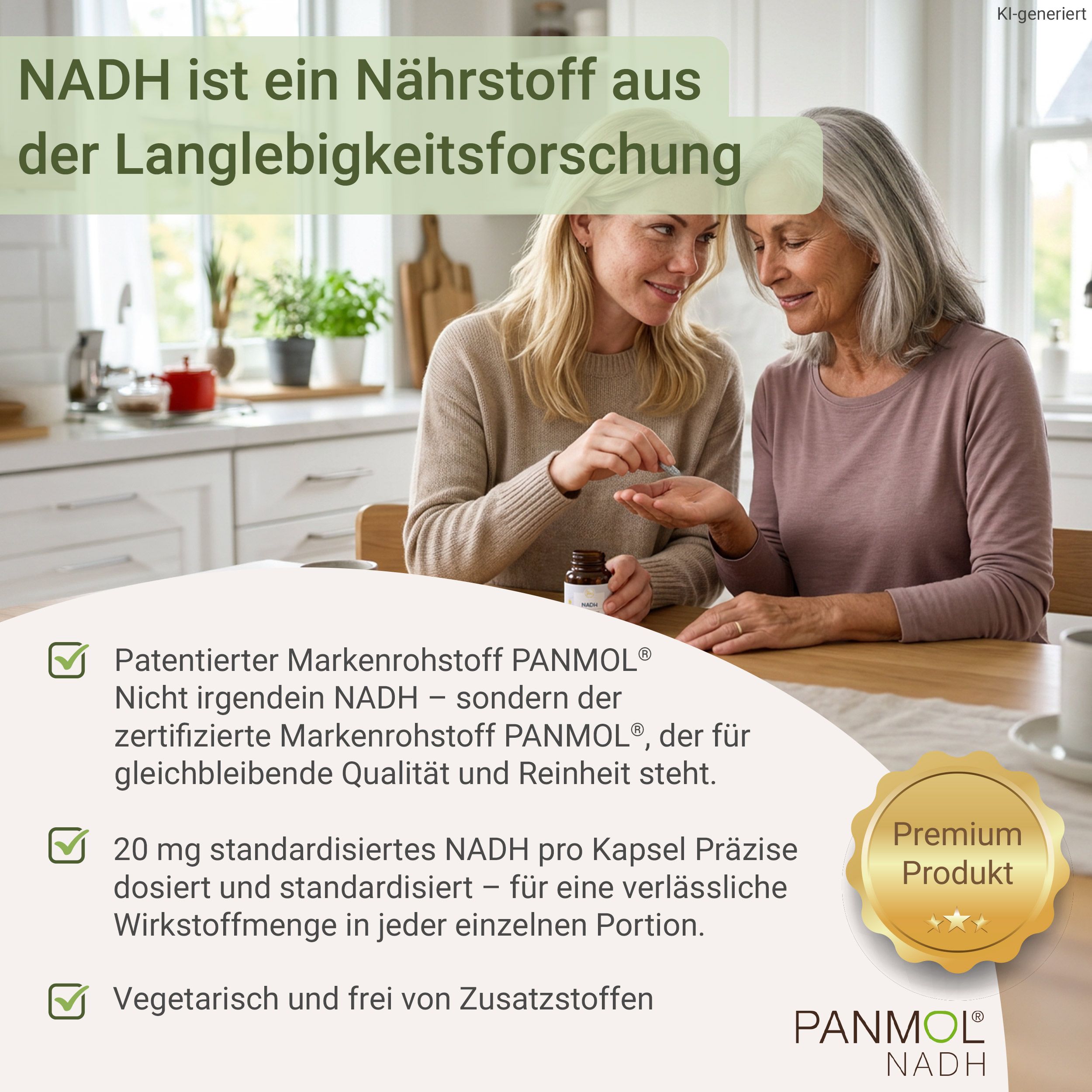 Zwei Frauen teilen sich eine Kapsel NADH. PANMOL NADH Produktinformationen sind sichtbar.
