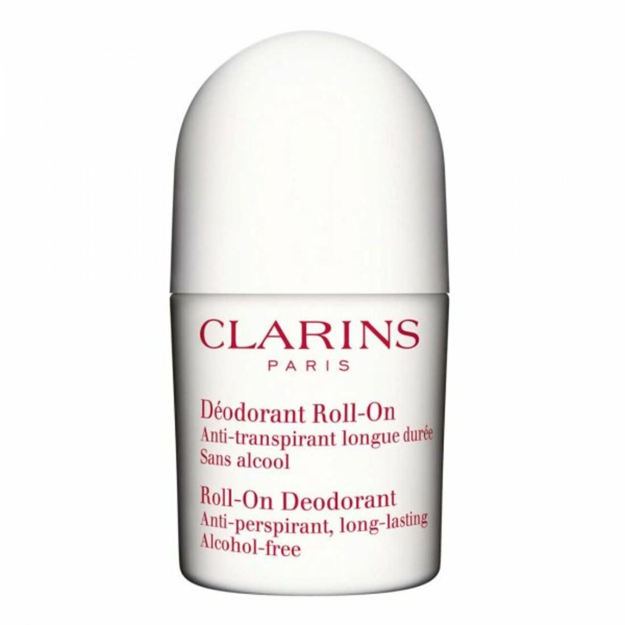 Weißer Roll-On-Deodorant von Clarins. Produktname und Text in Rot. Aufschrift: Anti-transpirant longue durée, sans alcool.