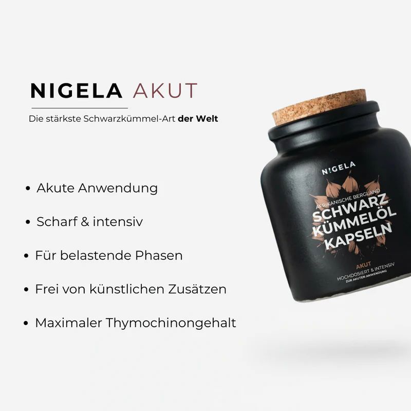 Schwarzkümmelöl Kapseln in schwarzer Dose mit Korkverschluss. Liste mit Stichpunkten daneben.