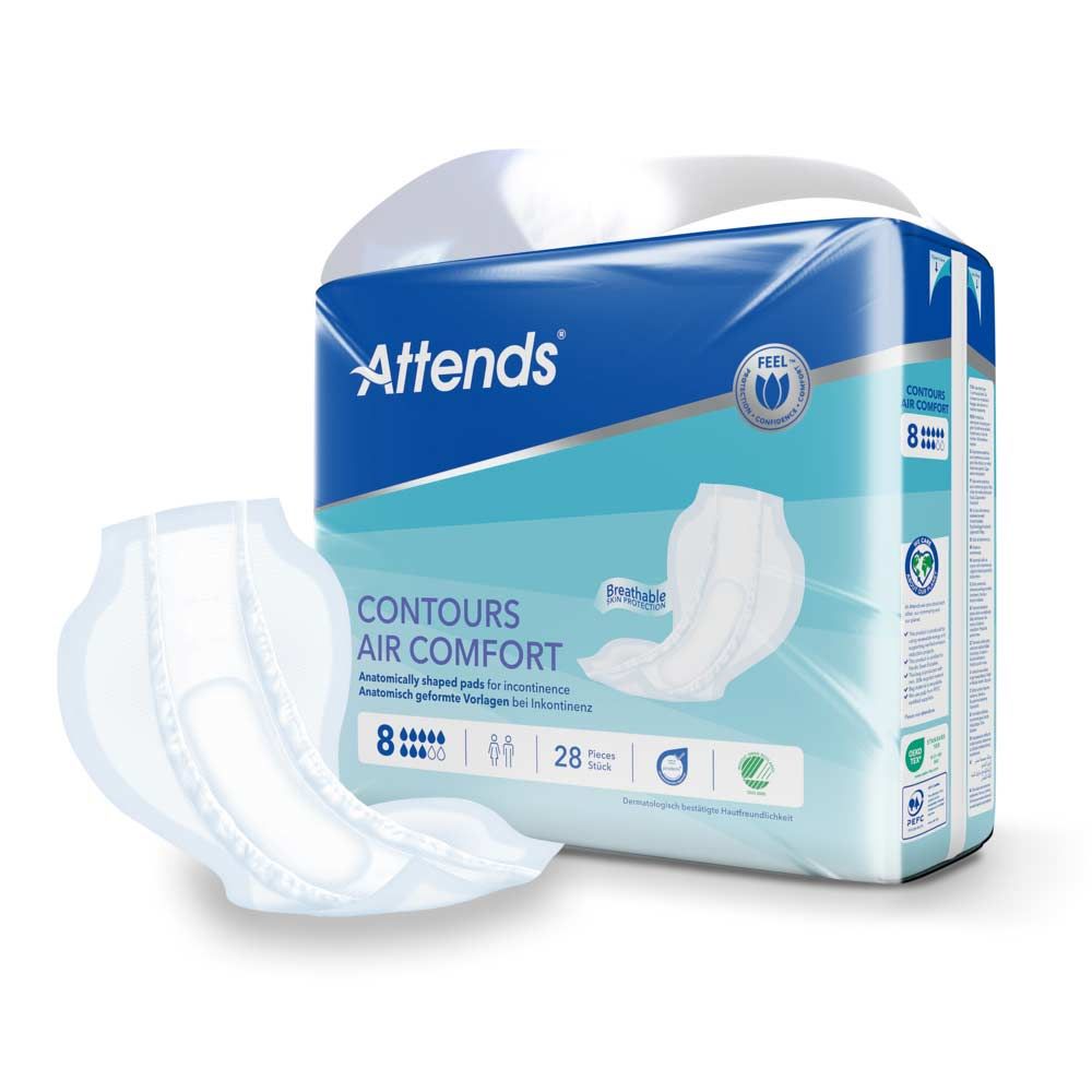 Attends Contours Air Comfort 8. Packung mit Inkontinenzeinlagen und einzelne Einlage. Produktname und Logo deutlich sichtbar. 28 Stück.
