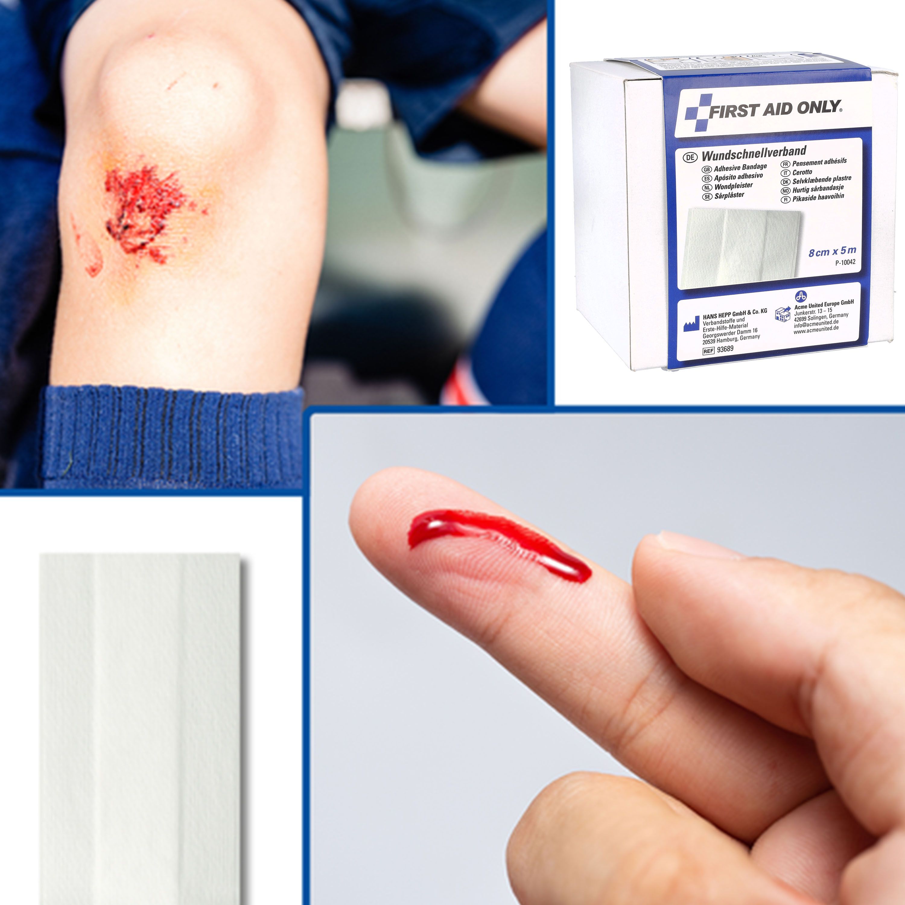 Karton mit Logo und Produktinformationen. Wunde am Knie und Finger. Wundschnellverband.