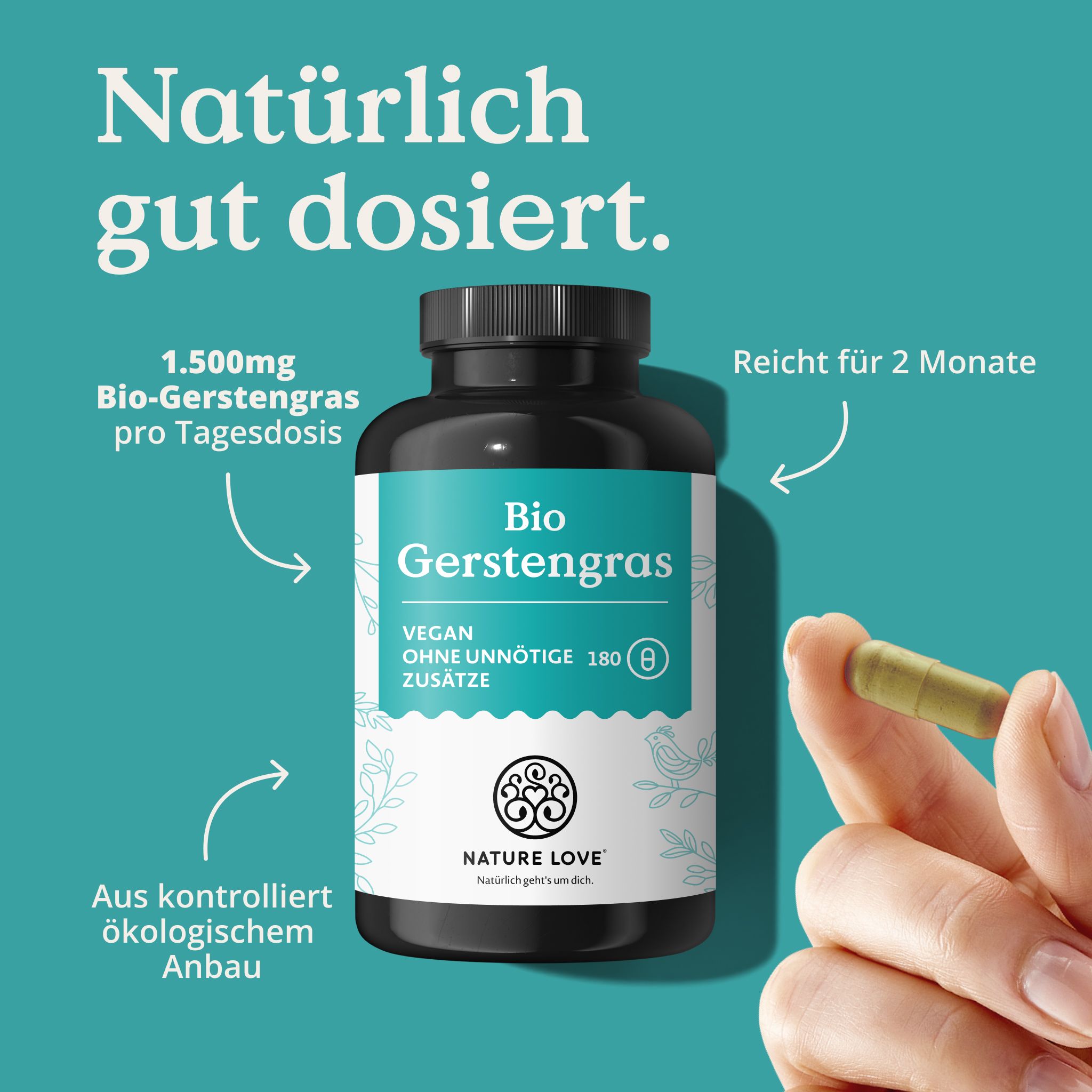 NATURE LOVE® Bio Gerstengras Kapseln: 1.500mg pro Tagesdosis, vegan, ohne Zusätze, 180 Kapseln, reicht für 2 Monate.