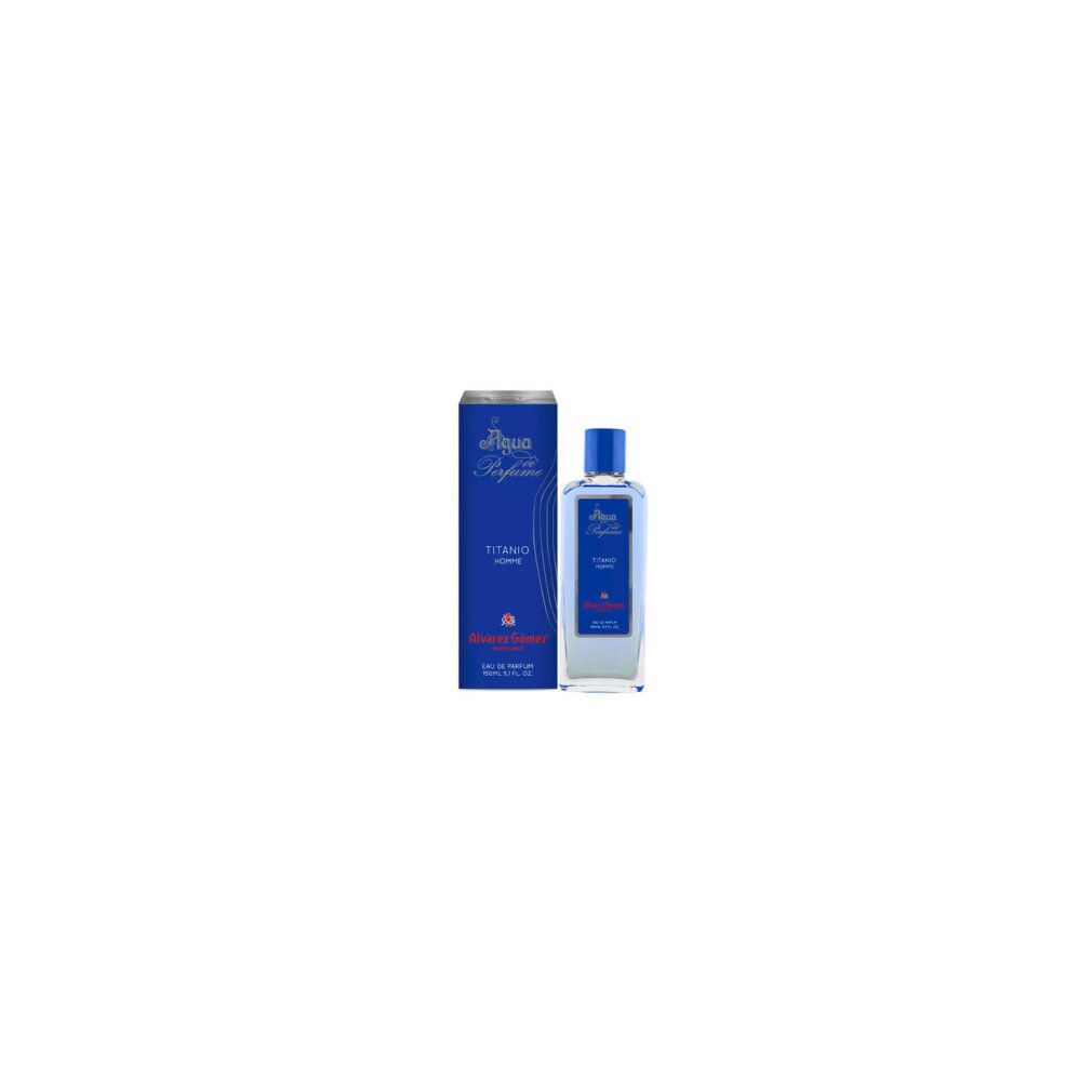 Blaues Parfümflakon und Schachtel. Aufschrift: Titanio Homme, Alvarez Gómez. Eau de Parfum Spray.