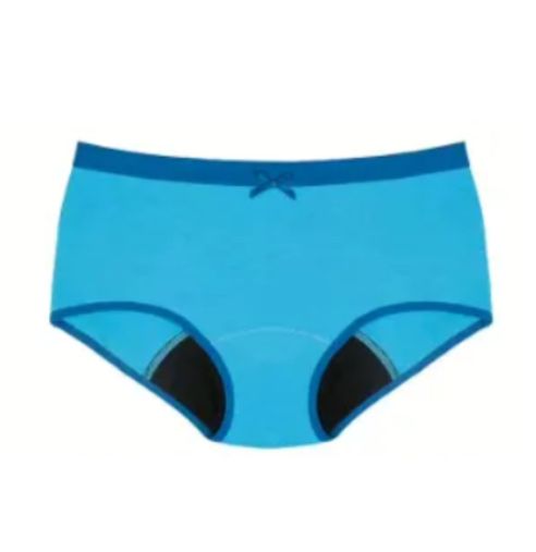 Blaue Periodenunterwäsche mit dunkelblauen Abschlüssen und Schleife.