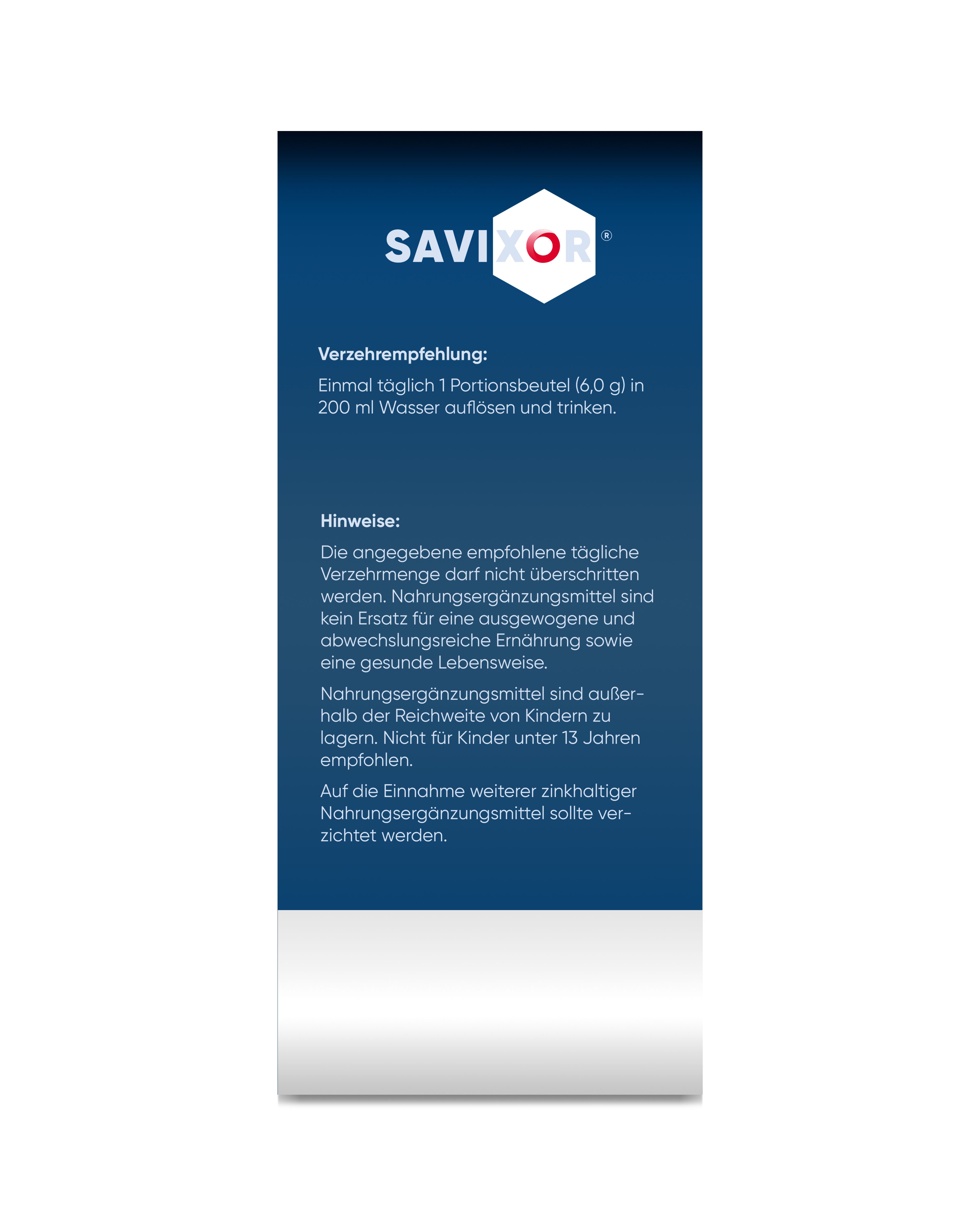 Rückseite der CalciMagX+ Verpackung. Enthält Verzehrempfehlung und Hinweise. Savixor Logo.