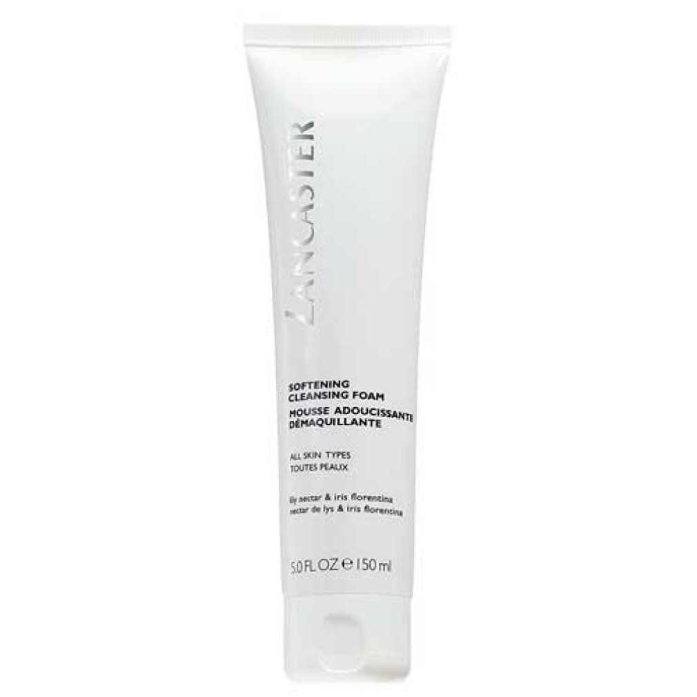 Weiche Reinigungs-Schaum-Tube. Weiß, mit Produktnamen und Logo. Text: Softening Cleansing Foam, 150 ml.