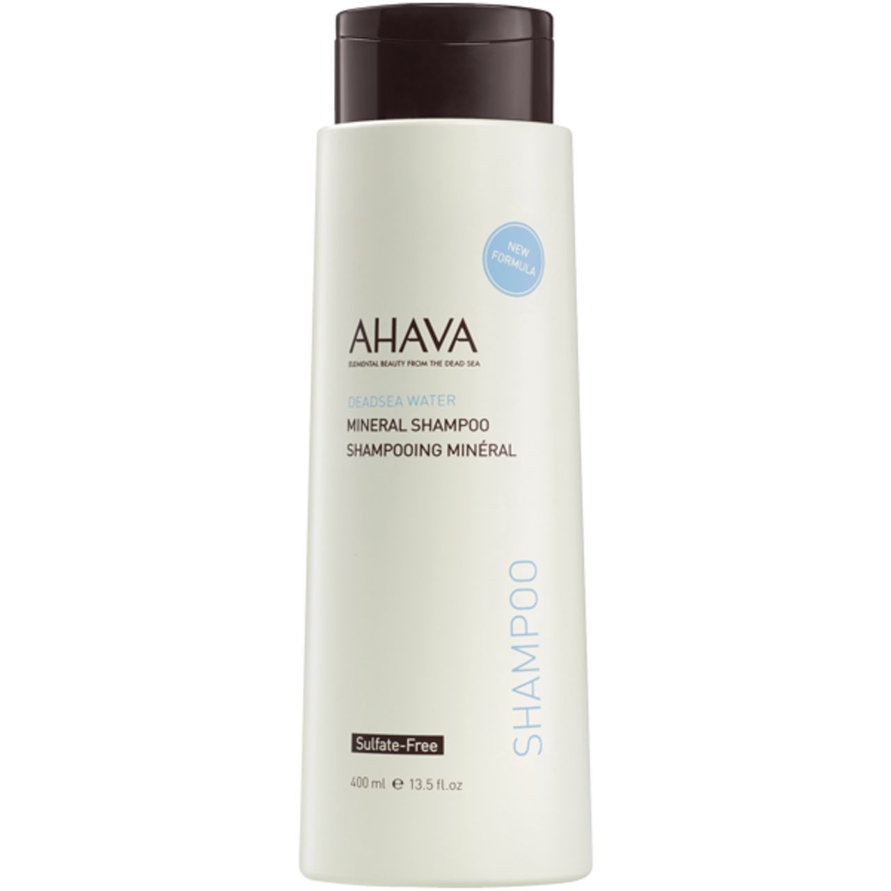 AHAVA Mineral Shampoo Flasche. Weiß, brauner Deckel. Text: Mineral Shampoo, Sulfate-Free, 400 ml.